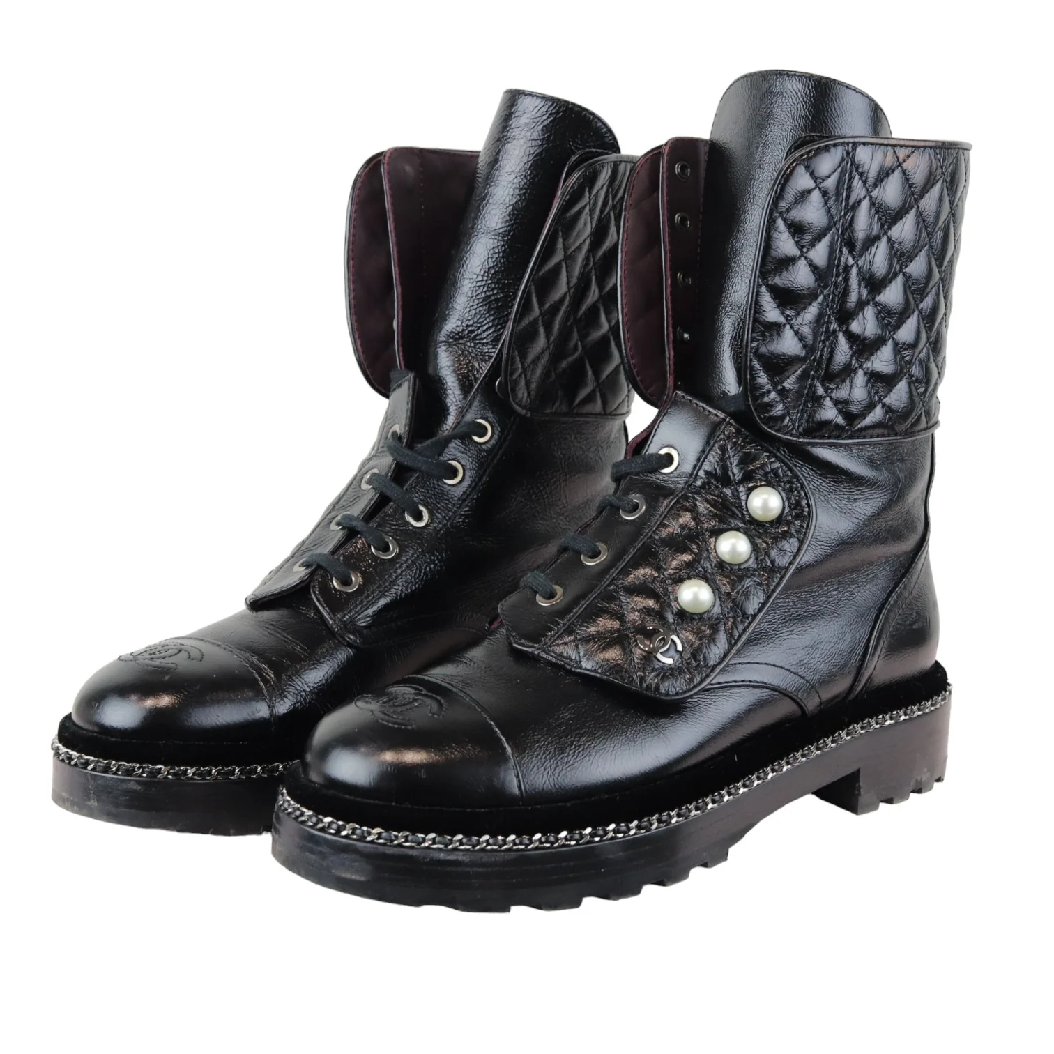 Pearl Combat Boots Crackled Calfskin Velvet Black Size 38 - Image 5