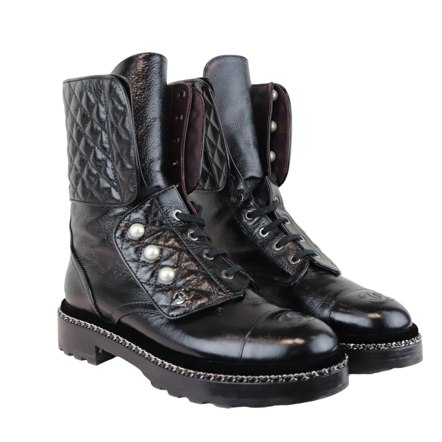 Pearl Combat Boots Crackled Calfskin Velvet Black Size 38 - Image 6
