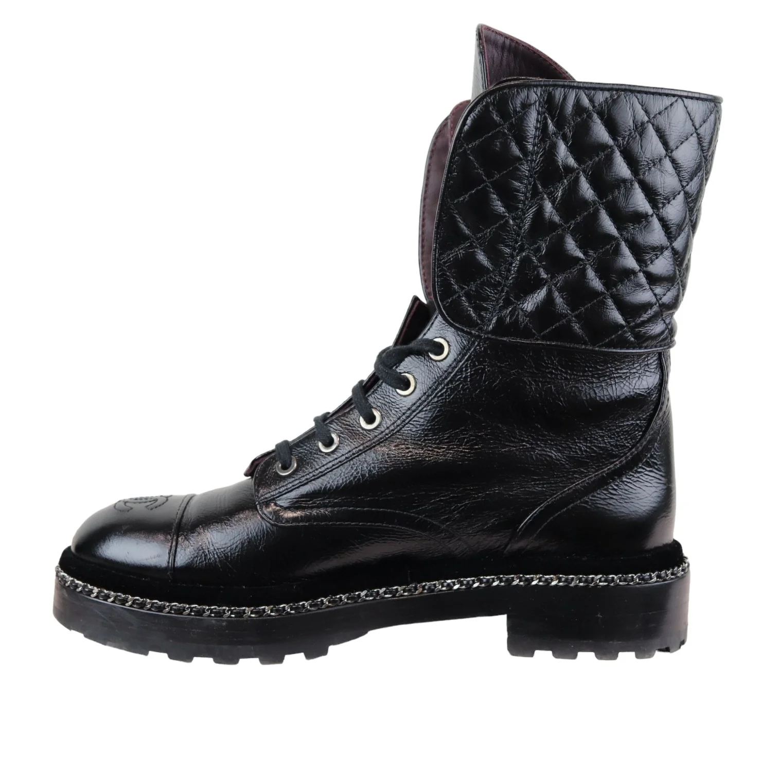Pearl Combat Boots Crackled Calfskin Velvet Black Size 38 - Image 8