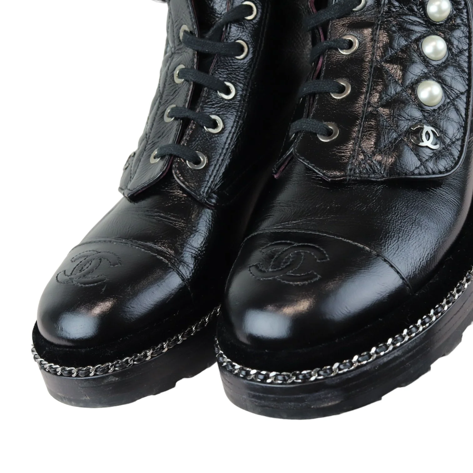 Pearl Combat Boots Crackled Calfskin Velvet Black Size 38 - Image 9