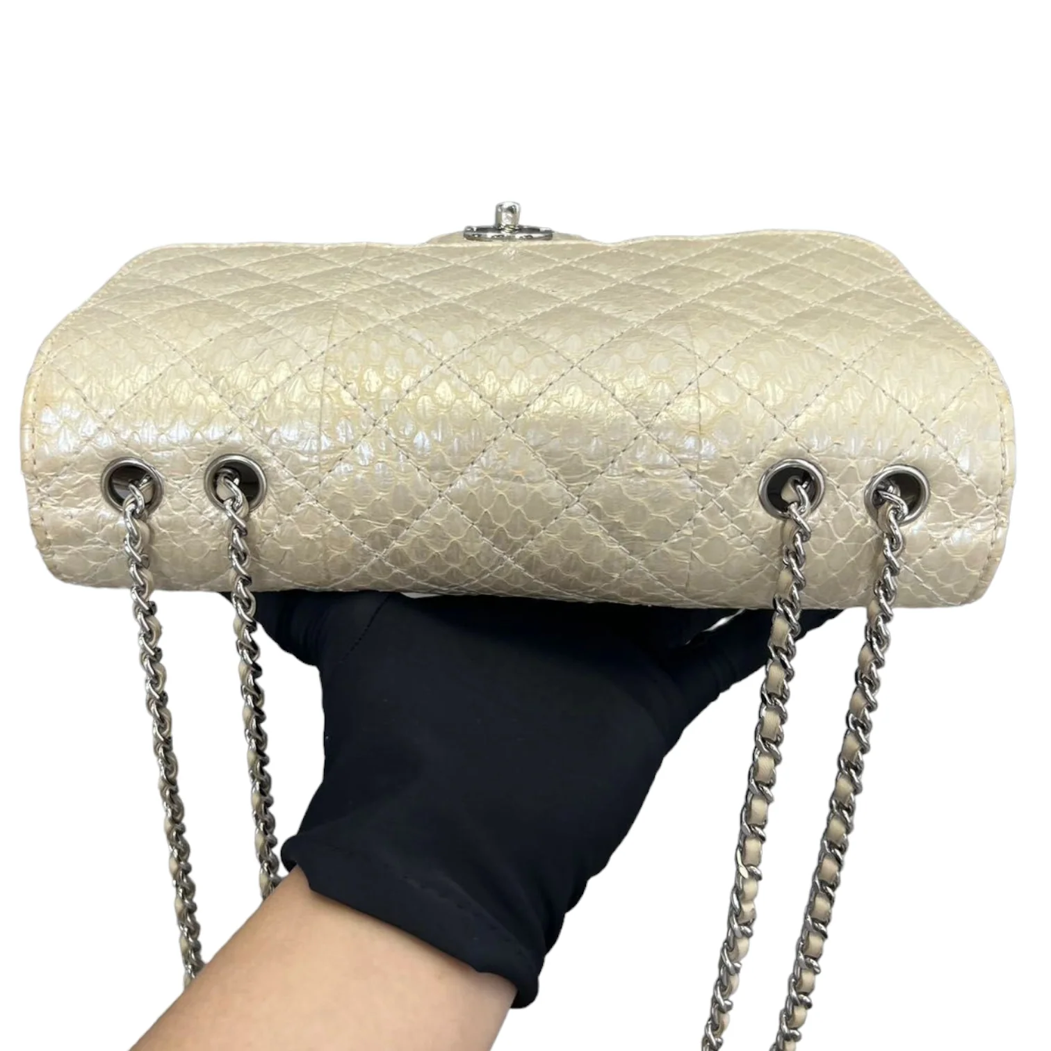 Python Quilted Chanel 3 Accordion Flap Bag Beige SHW - Image 4