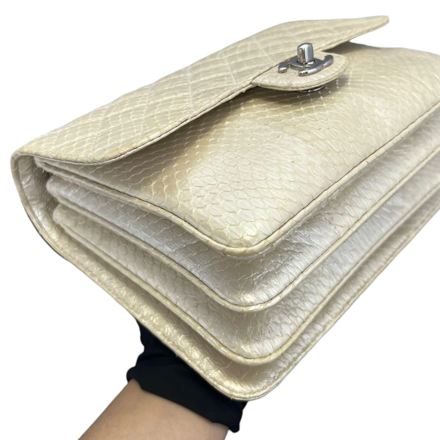 Python Quilted Chanel 3 Accordion Flap Bag Beige SHW - Image 5