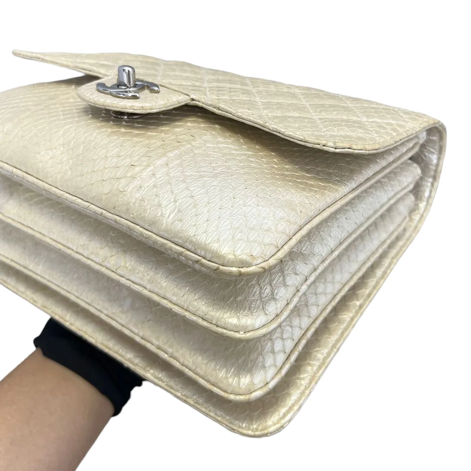 Python Quilted Chanel 3 Accordion Flap Bag Beige SHW - Image 6