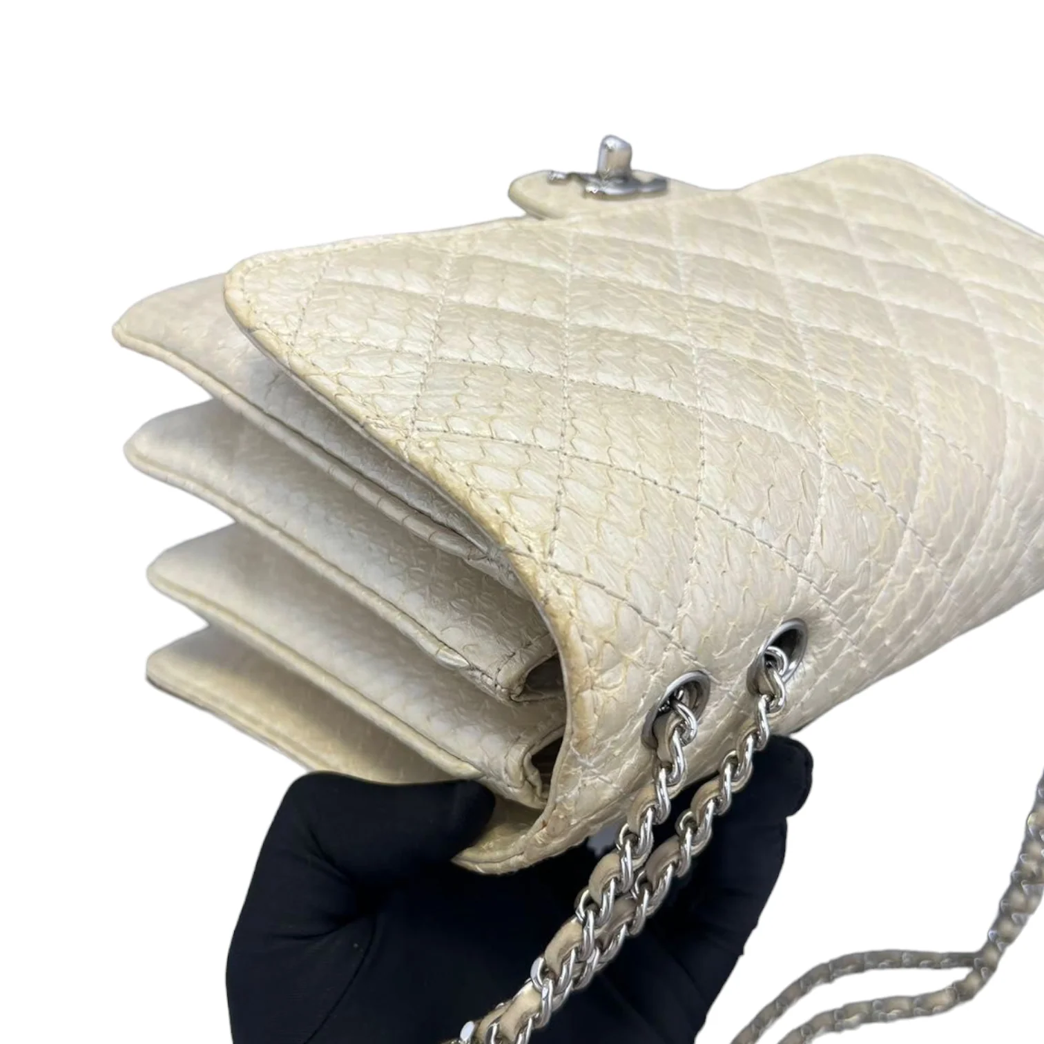 Python Quilted Chanel 3 Accordion Flap Bag Beige SHW - Image 7
