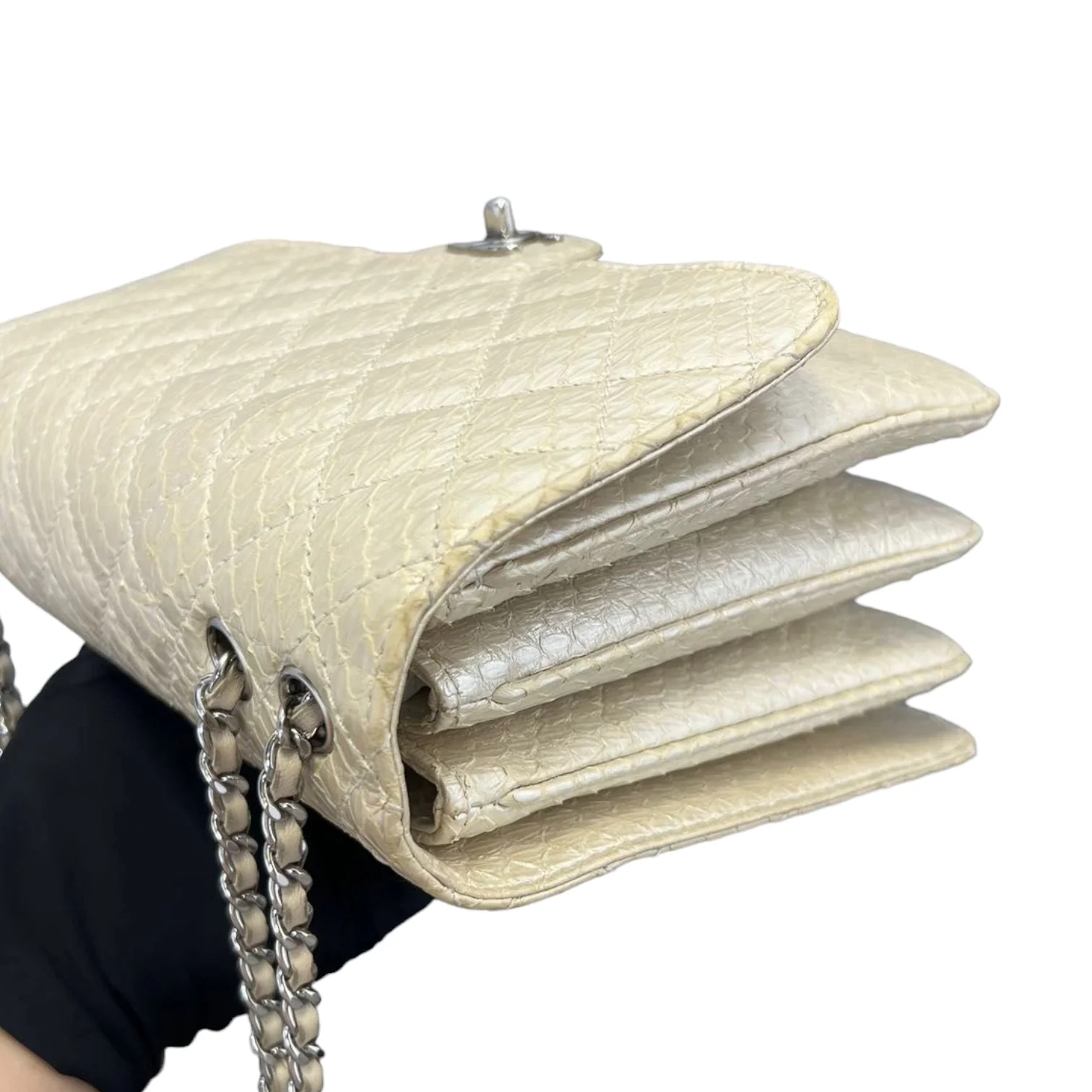 Python Quilted Chanel 3 Accordion Flap Bag Beige SHW - Image 8
