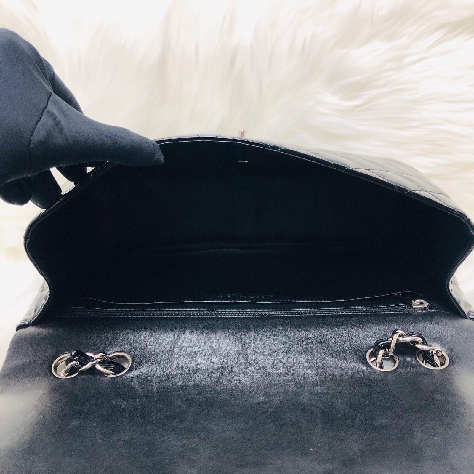 Single Flap Jumbo Quilted Patent Bag in Black with SHW - Image 19