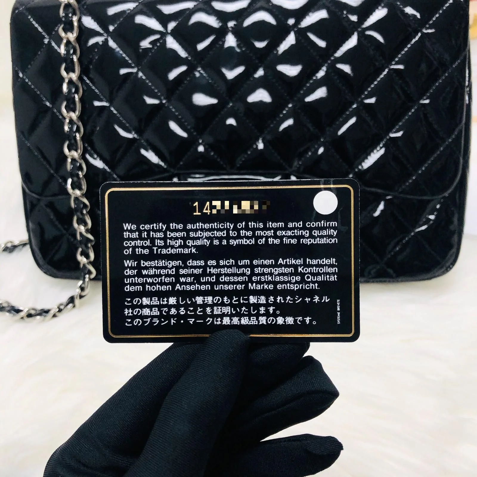 Single Flap Jumbo Quilted Patent Bag in Black with SHW - Image 21
