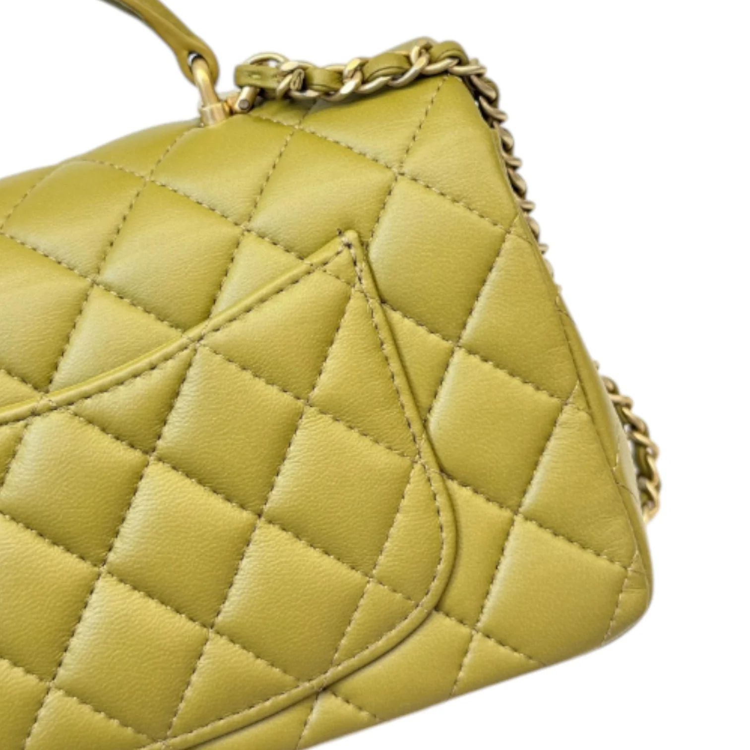 Top Handle Flap Mini Lambskin Quilted Olive Green GHW - Image 11