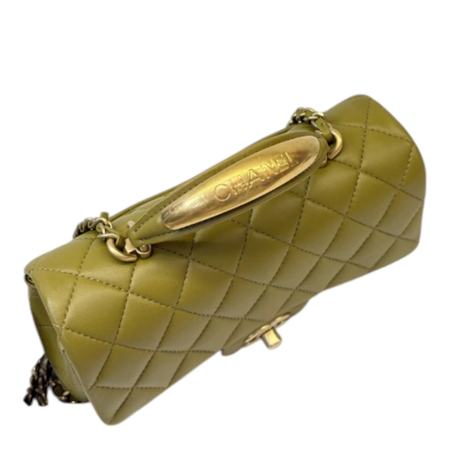 Top Handle Flap Mini Lambskin Quilted Olive Green GHW - Image 12