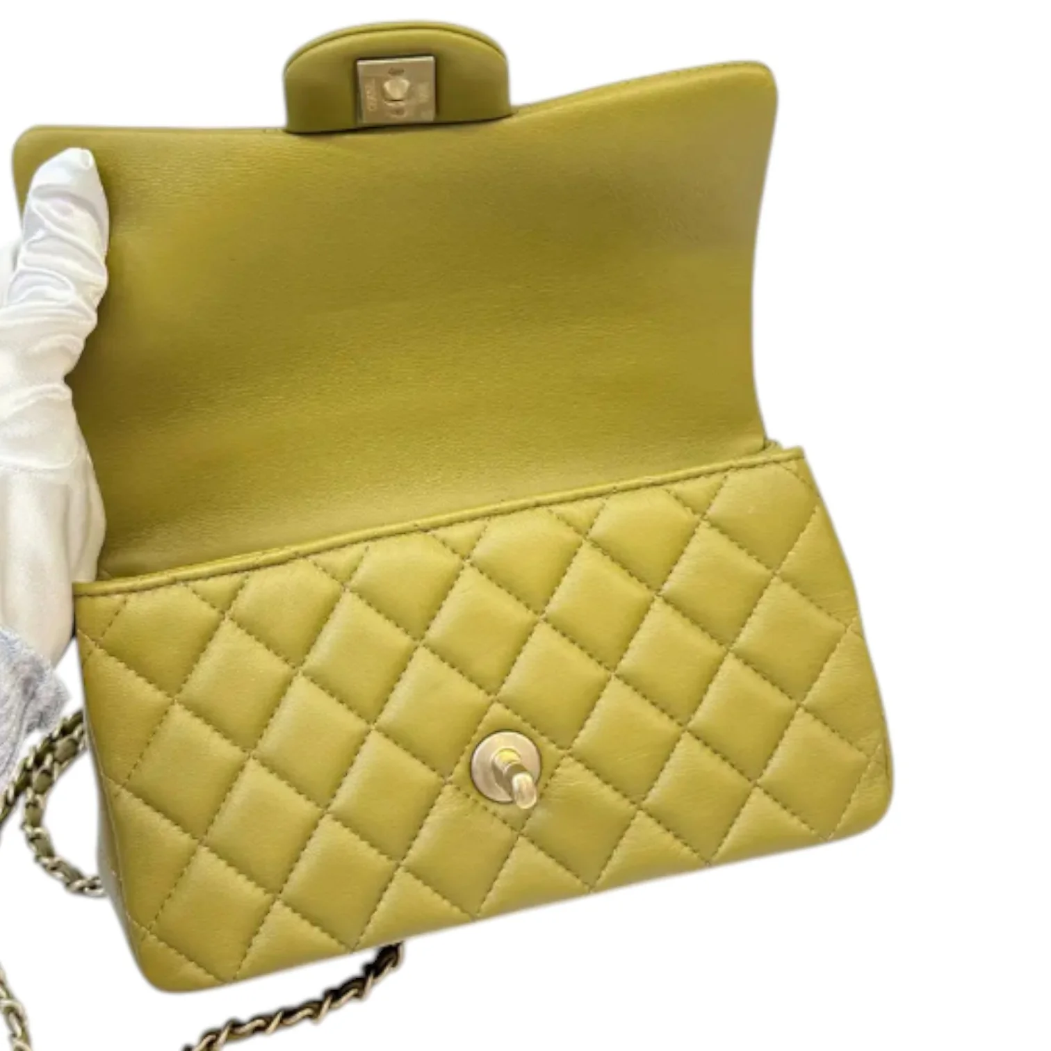 Top Handle Flap Mini Lambskin Quilted Olive Green GHW - Image 14