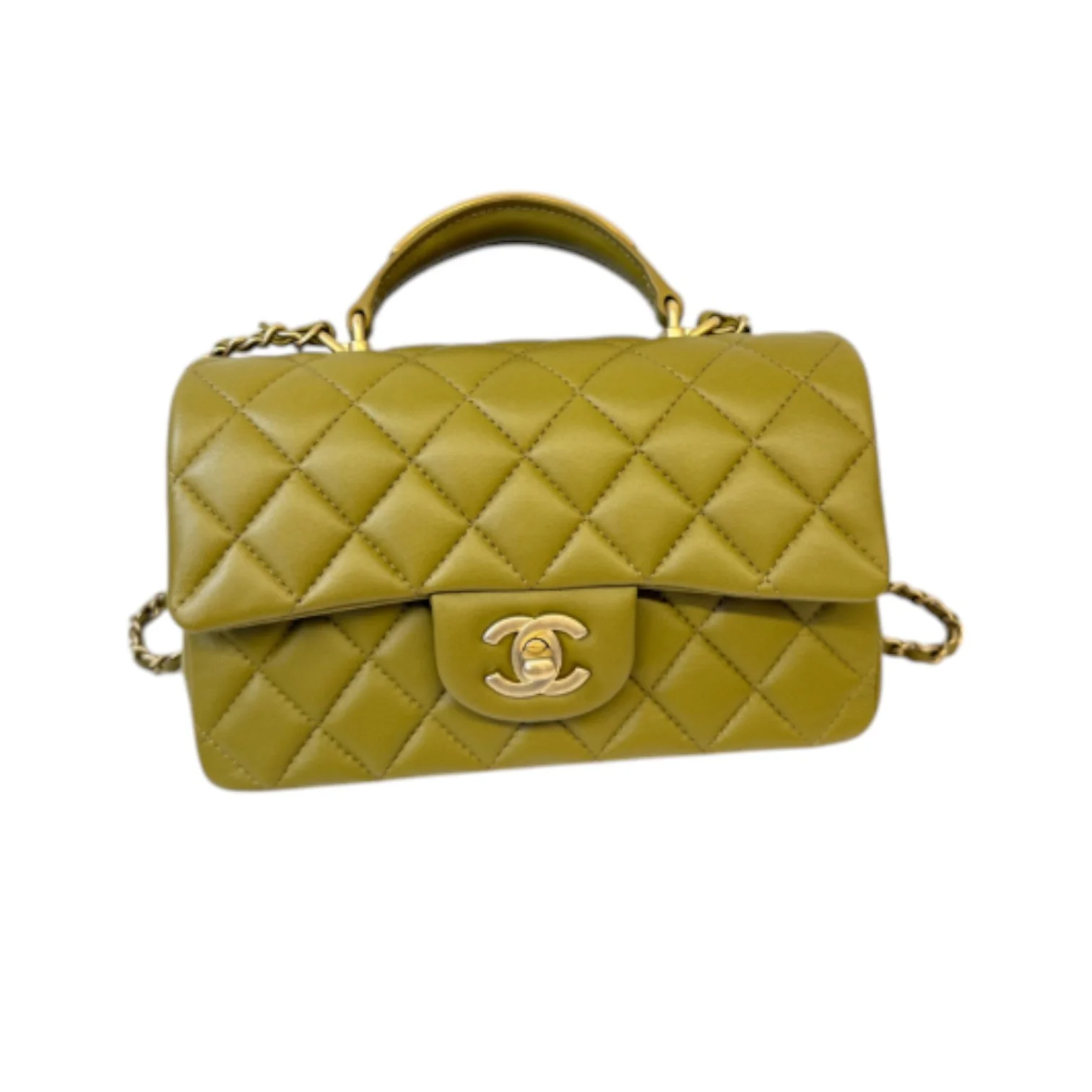 Top Handle Flap Mini Lambskin Quilted Olive Green GHW - Image 2