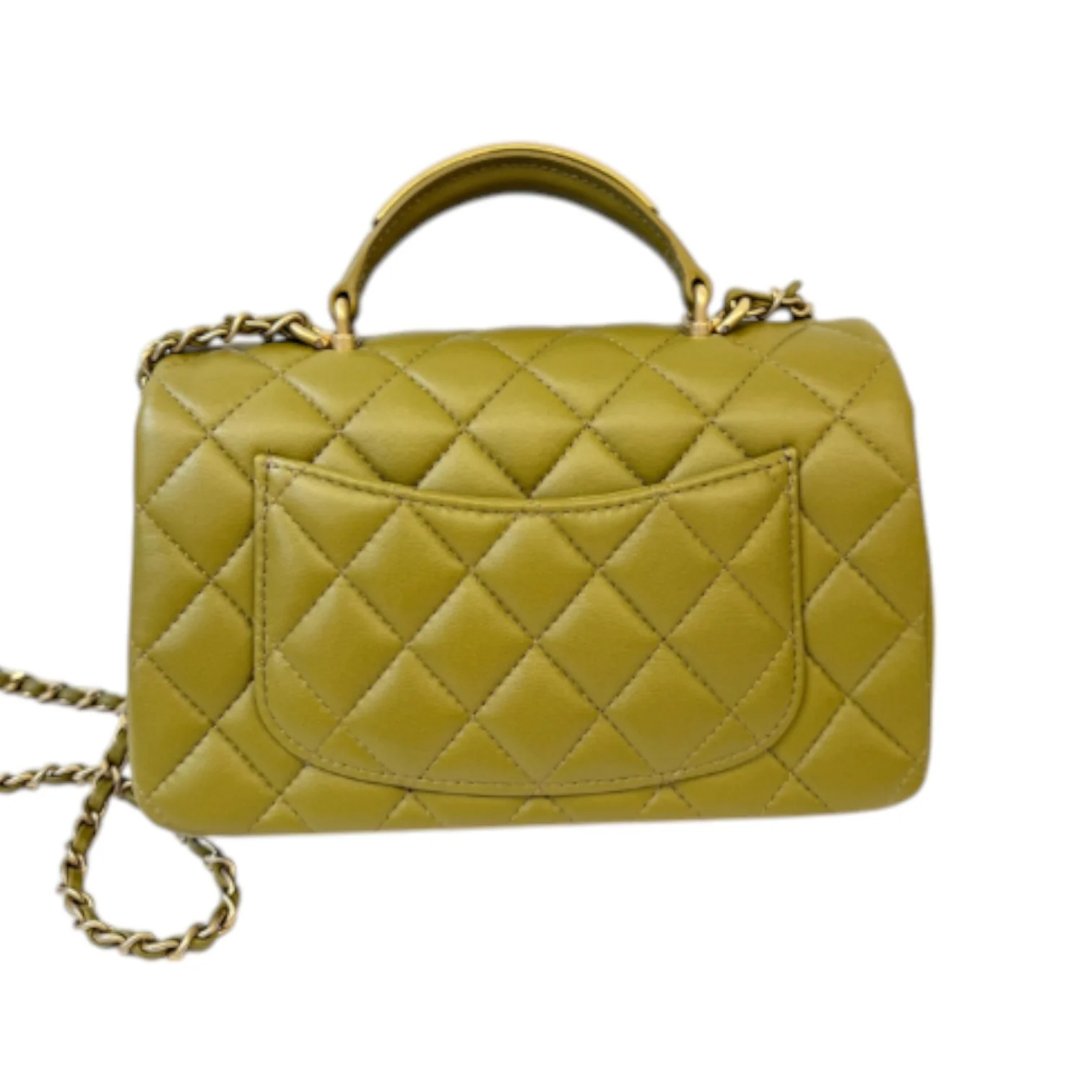 Top Handle Flap Mini Lambskin Quilted Olive Green GHW - Image 3