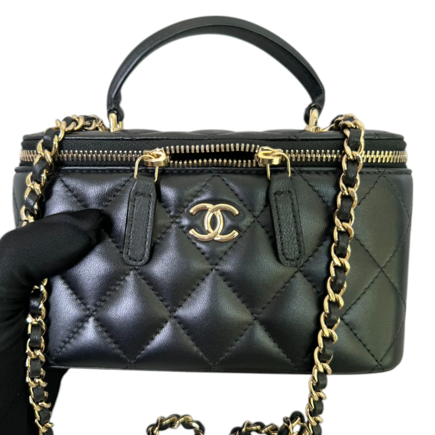 Top Handle Vanity Case with Chain Small Lambskin Black GHW - Image 11