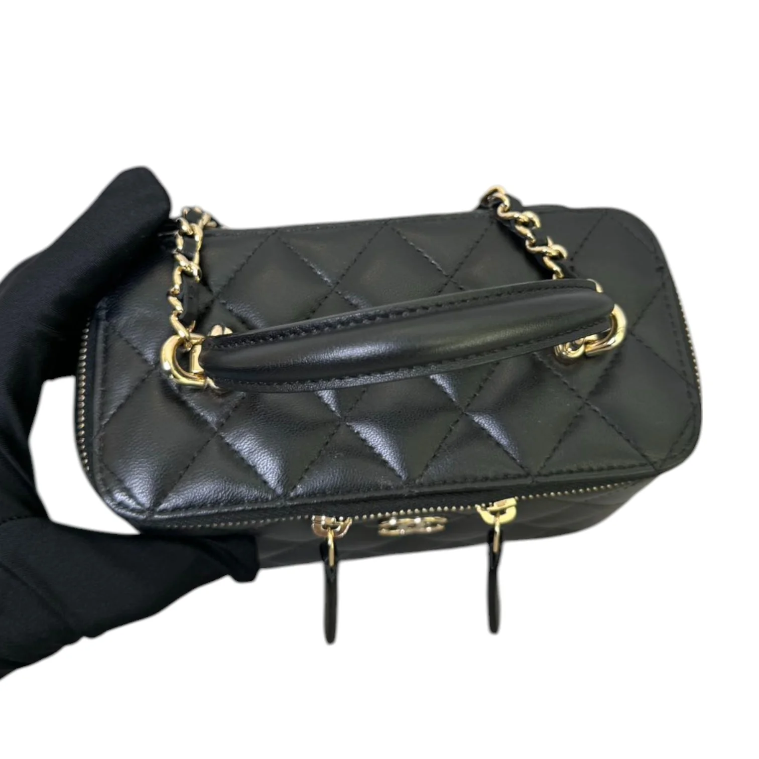 Top Handle Vanity Case with Chain Small Lambskin Black GHW - Image 13