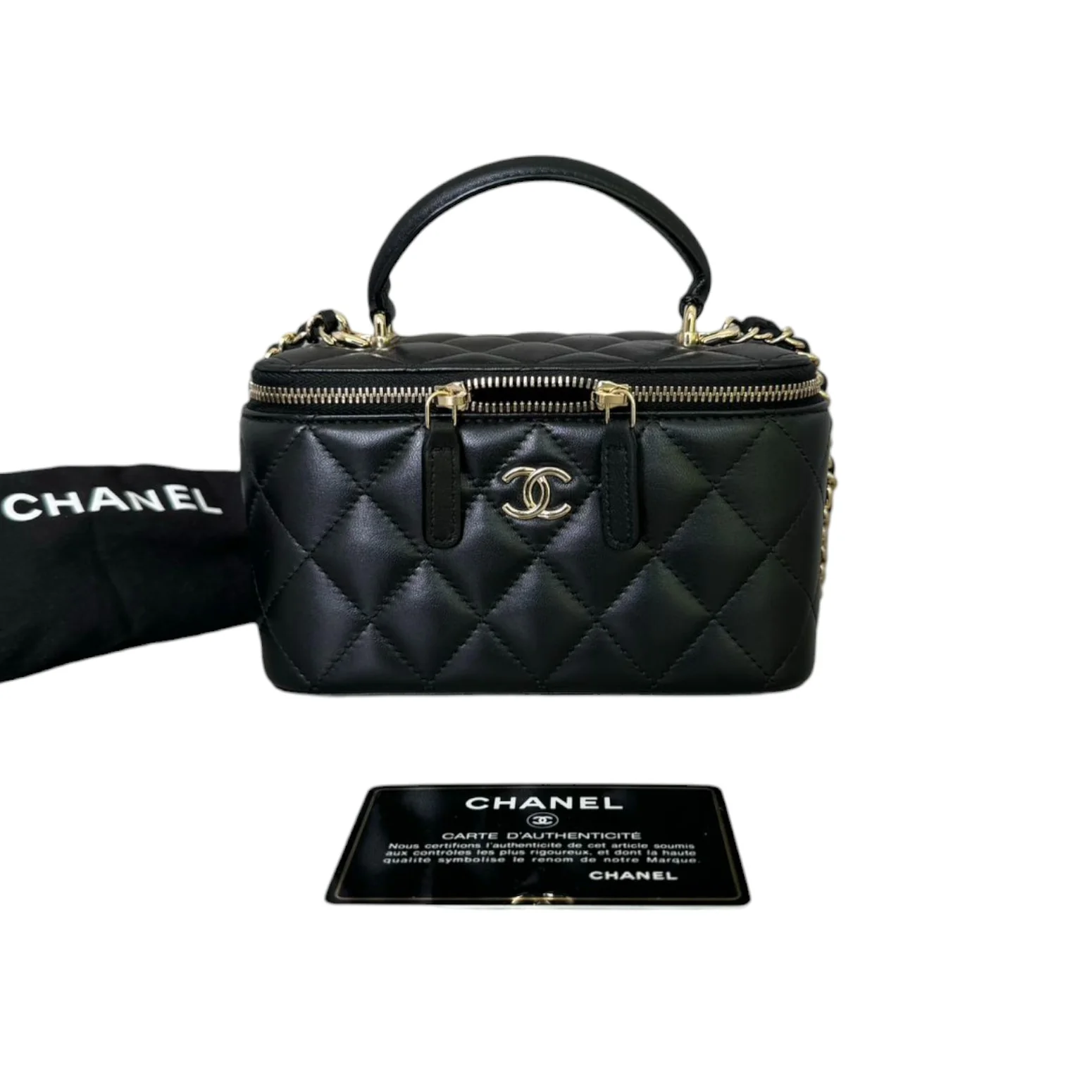 Top Handle Vanity Case with Chain Small Lambskin Black GHW - Image 2