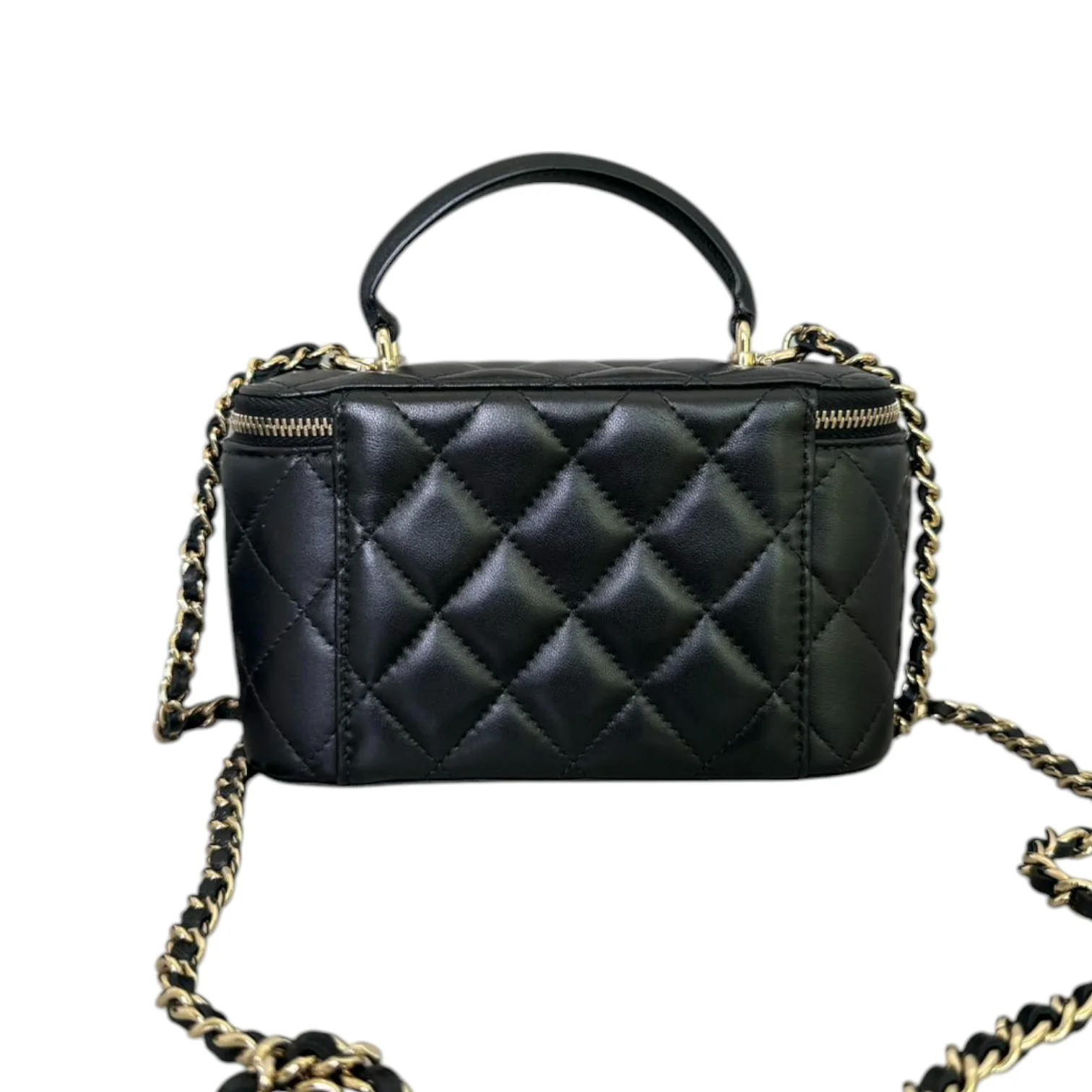 Top Handle Vanity Case with Chain Small Lambskin Black GHW - Image 3