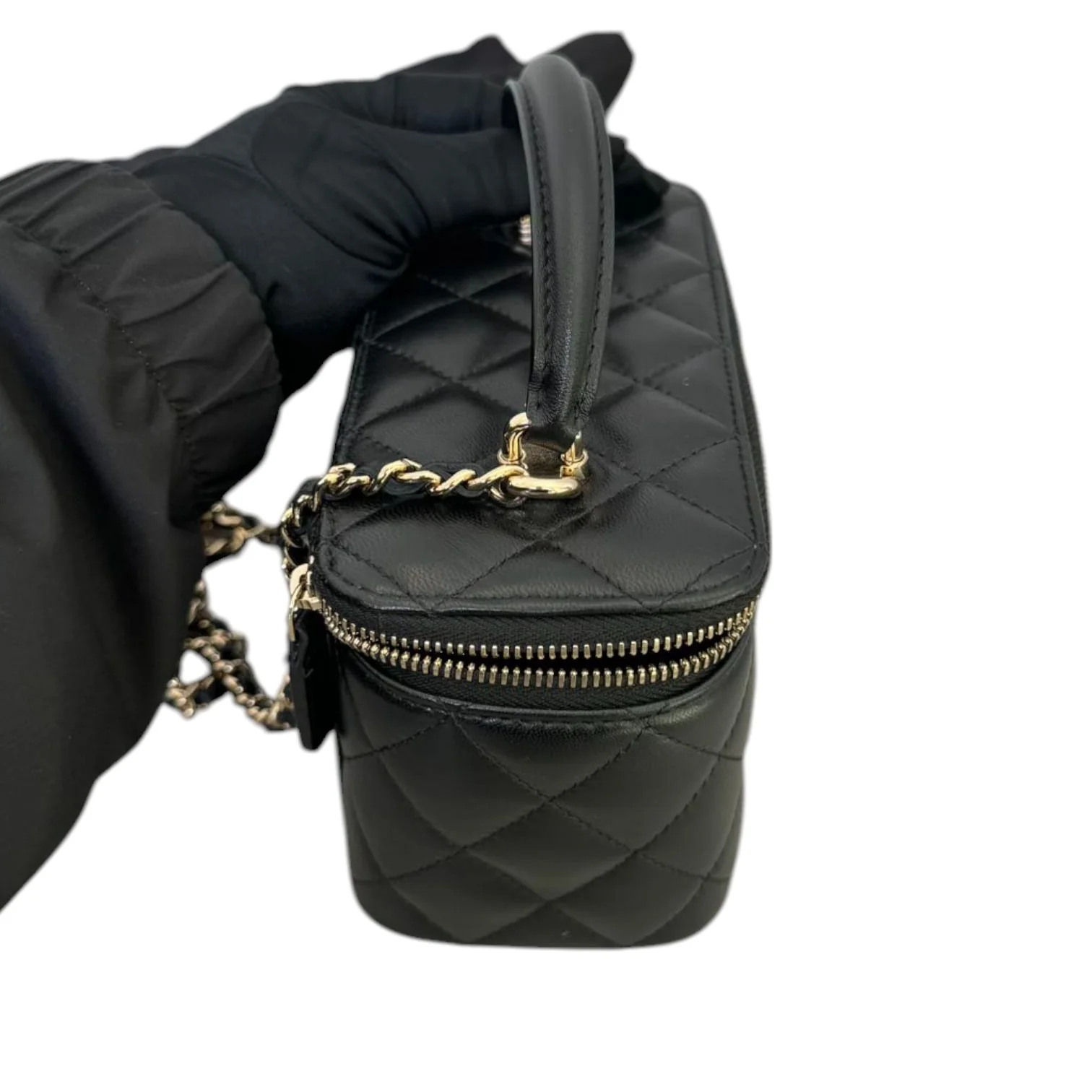 Top Handle Vanity Case with Chain Small Lambskin Black GHW - Image 5
