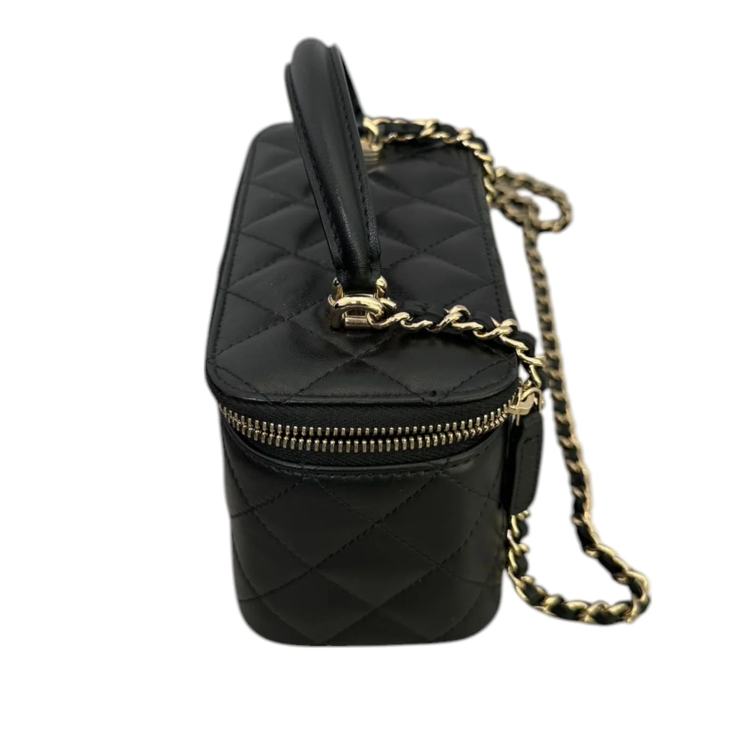 Top Handle Vanity Case with Chain Small Lambskin Black GHW - Image 6
