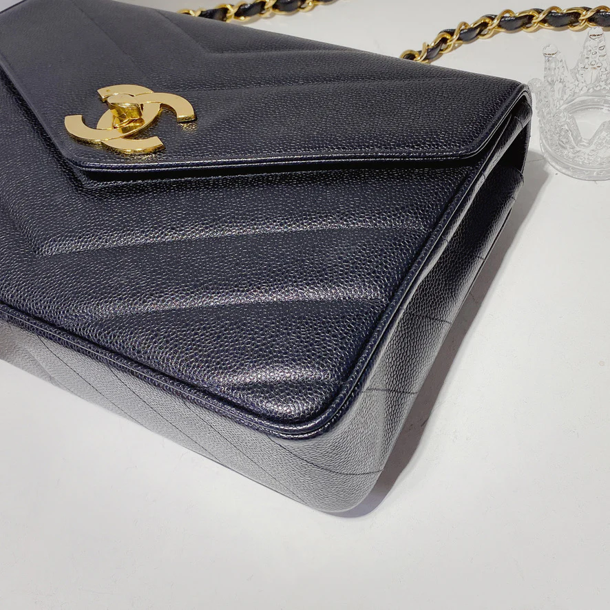 Vintage Jumbo Chevron Quilted Leather Flap Bag Dark Blue GHW - Image 3
