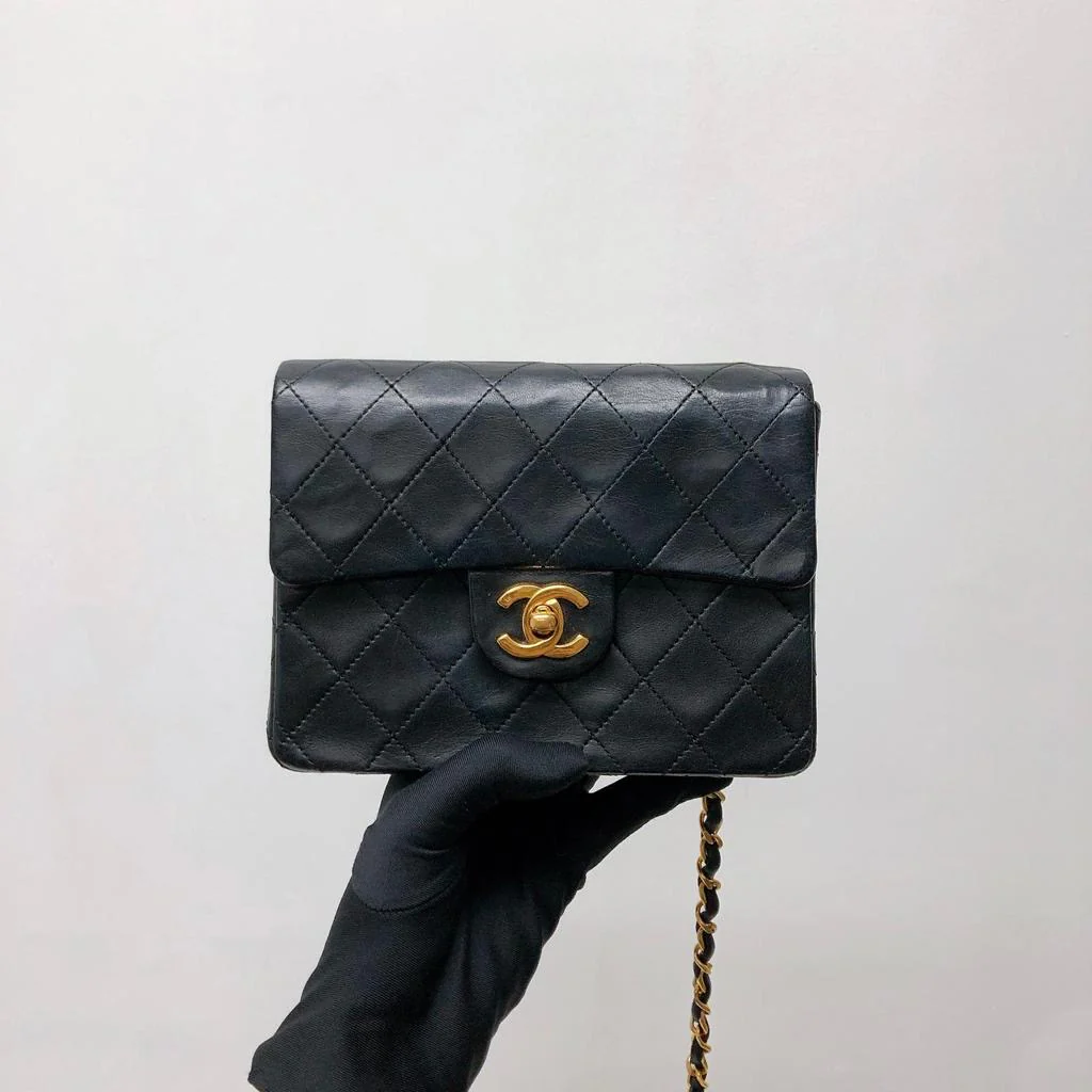 Vintage Mini Square Flap Bag in Black Quilted Lambskin Leather GHW - Image 2