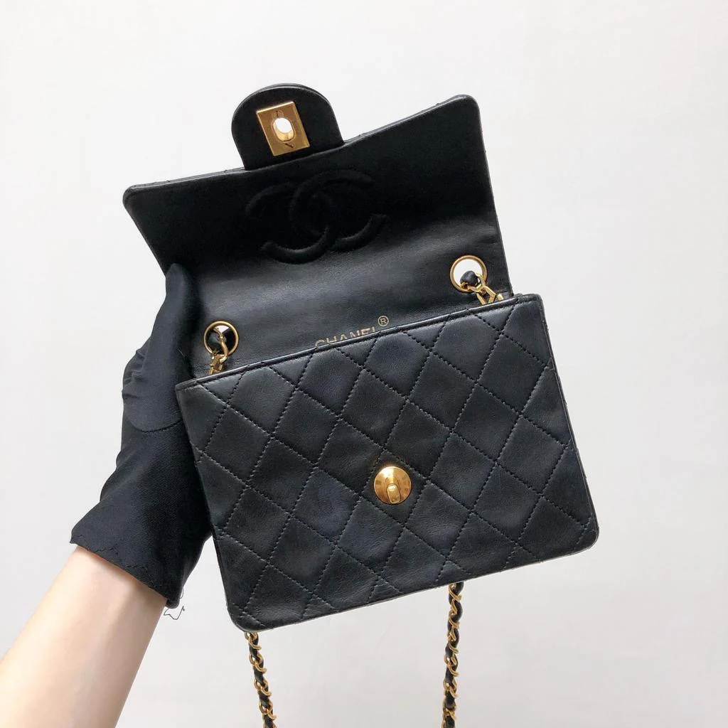 Vintage Mini Square Flap Bag in Black Quilted Lambskin Leather GHW - Image 9