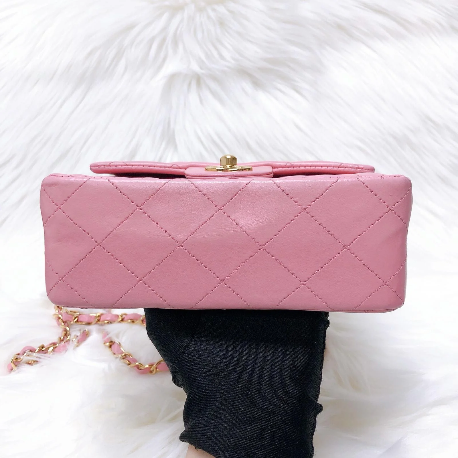 Vintage Mini Square Flap Bag in Pink Quilted Lambskin Leather GHW - Image 4