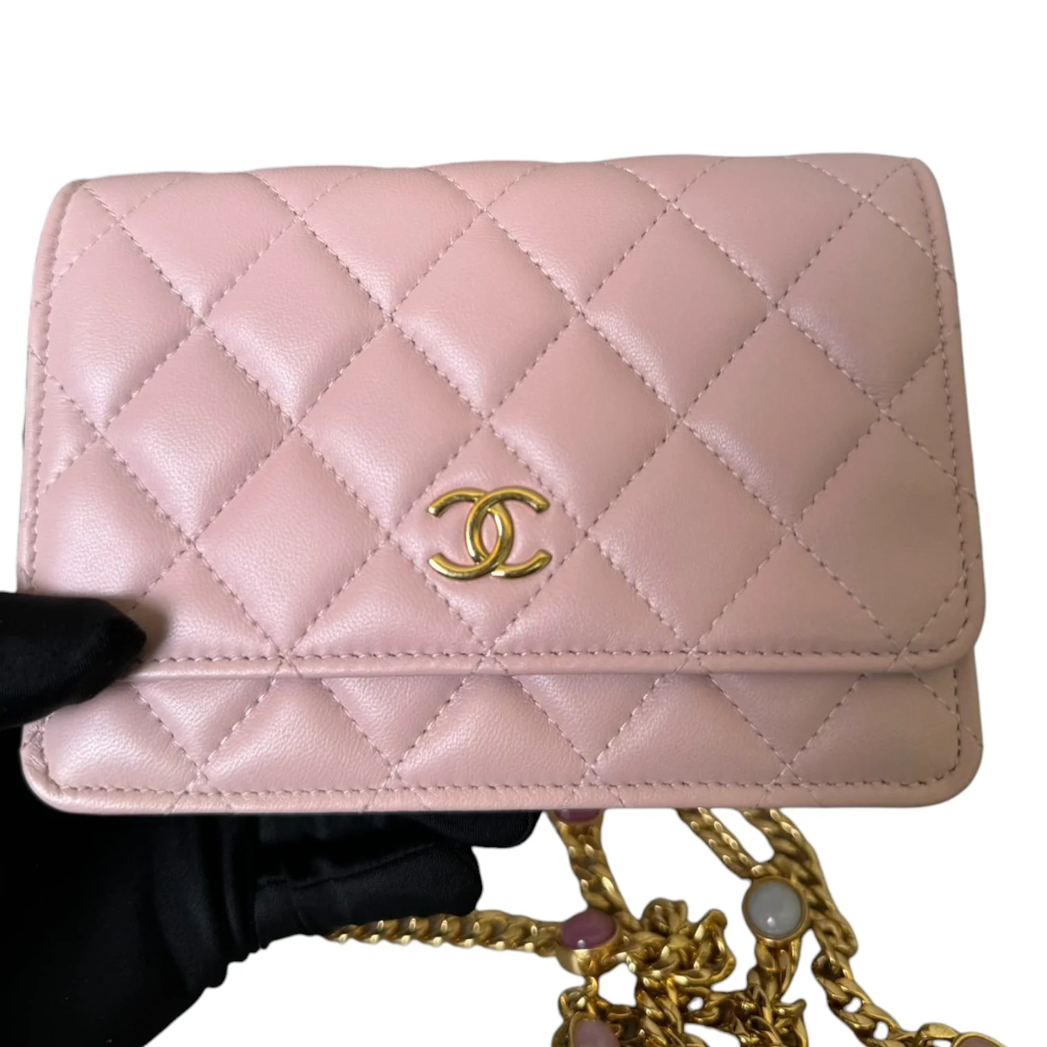 Wallet on Chain WOC Stone Enamel Lambskin Light Pink GHW - Image 11
