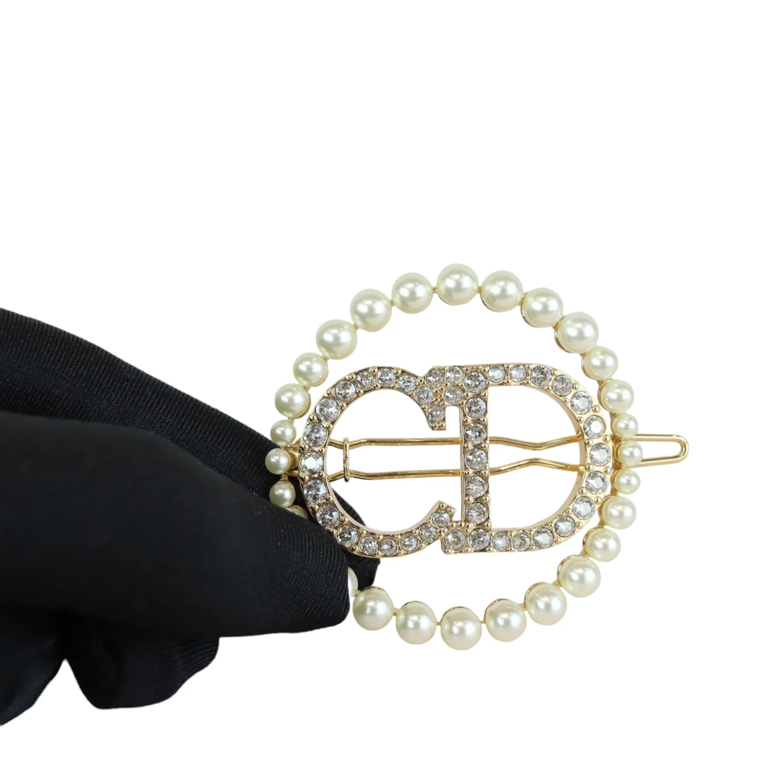 CD Logo Hair Clip Crystal Pearl Gold - Image 4
