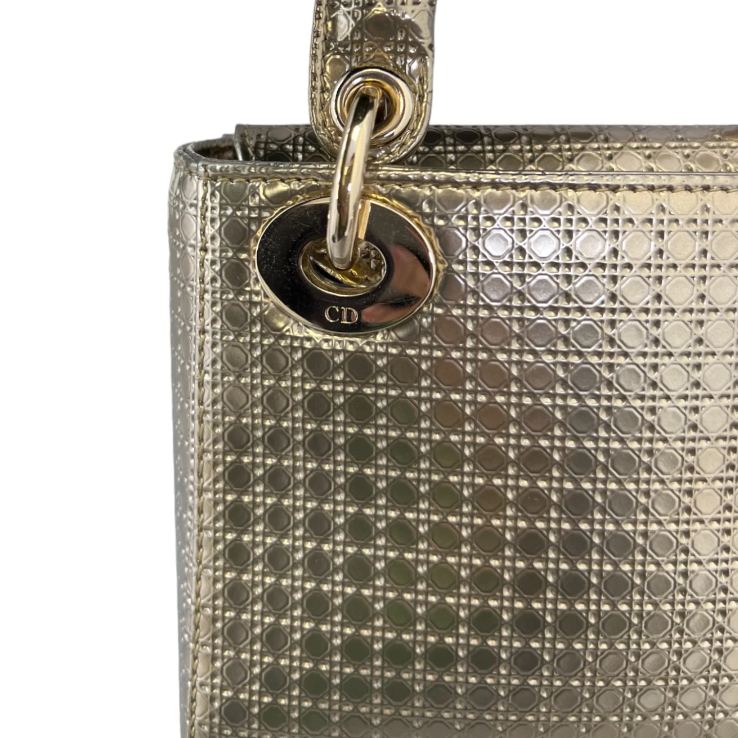 Chain Lady Dior Mini Metallic Patent Micro-Cannage Gold GHW - Image 11