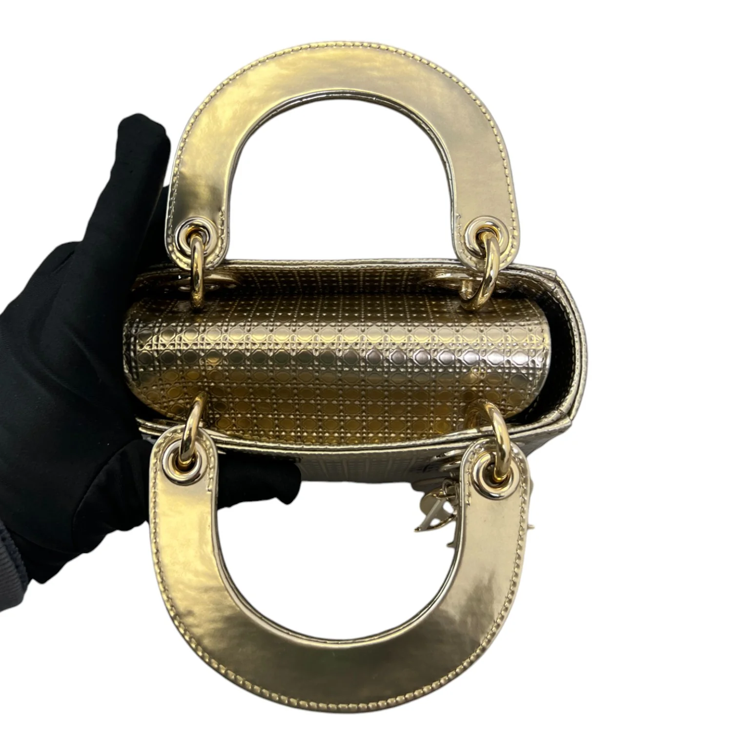 Chain Lady Dior Mini Metallic Patent Micro-Cannage Gold GHW - Image 14