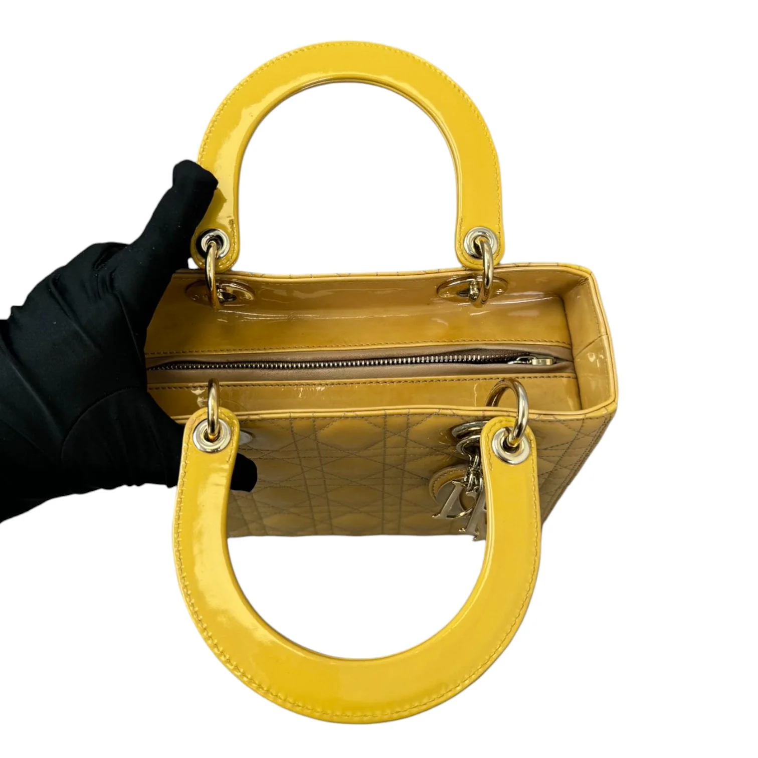 Lady Dior Medium Metallic Patent Yellow GHW - Image 12