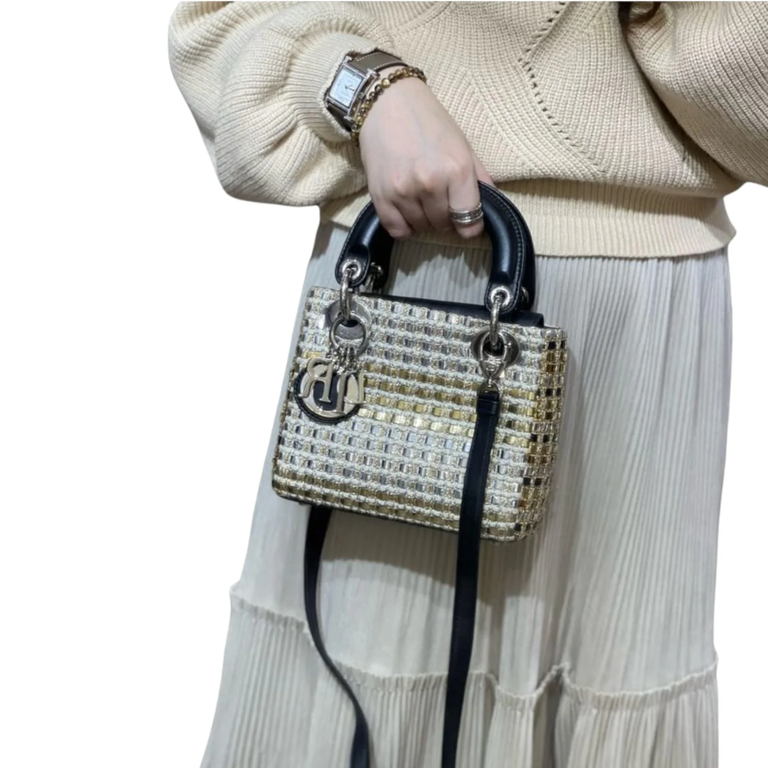 Mini Lady Dior Gold and Silver Braided Metallic Tweed SHW - Image 9
