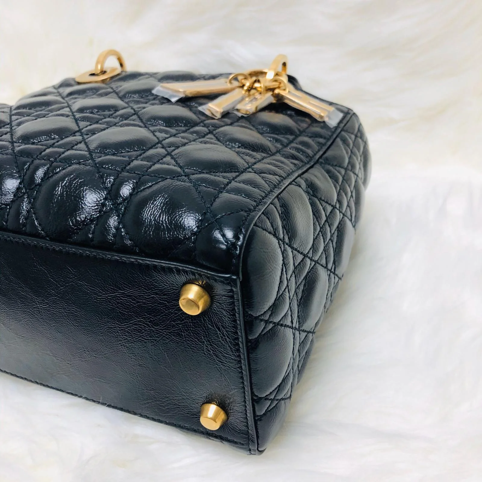 Lady Dior Bag Cannage Lambskin Leather Medium Black with Embellished Strap - Image 10