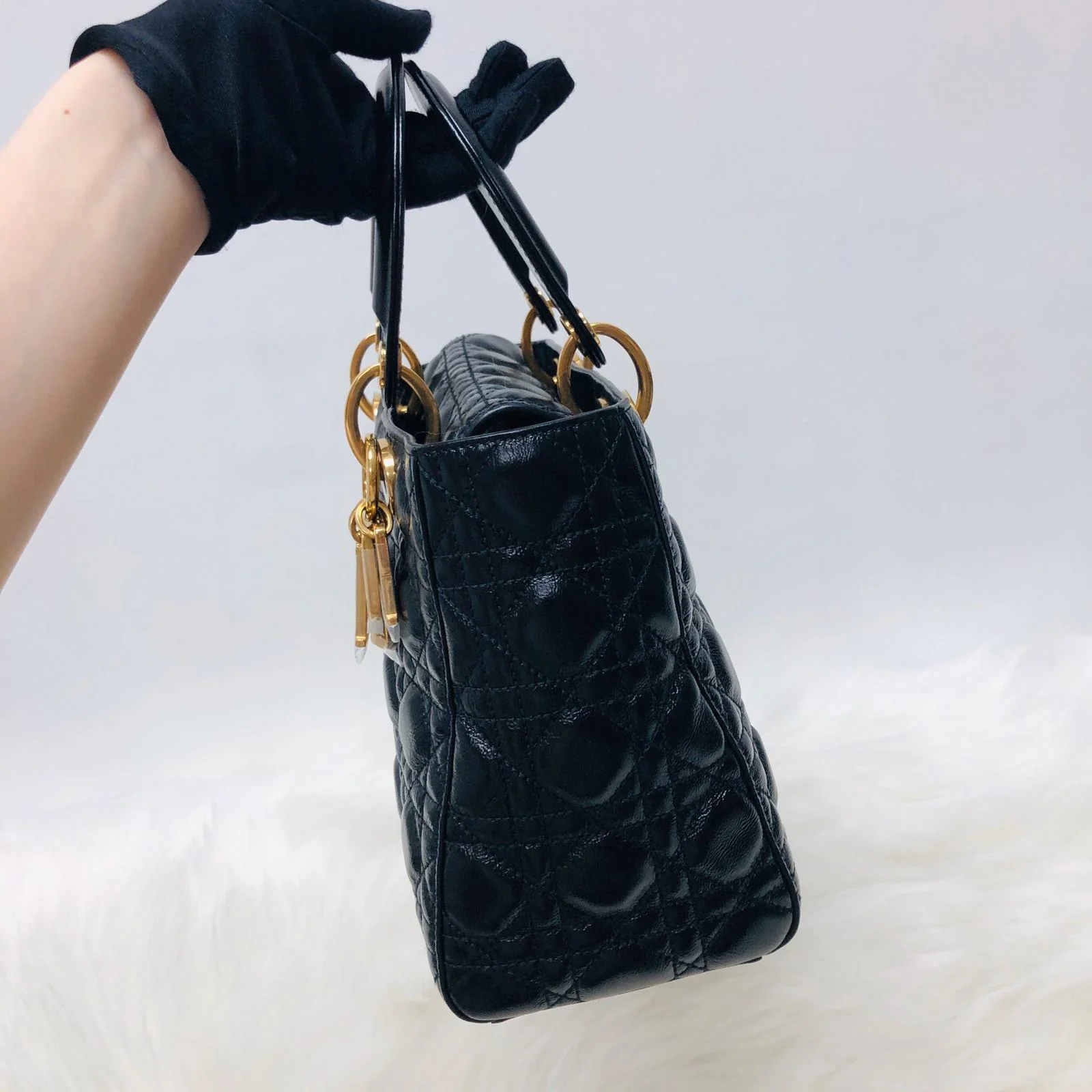 Lady Dior Bag Cannage Lambskin Leather Medium Black with Embellished Strap - Image 3