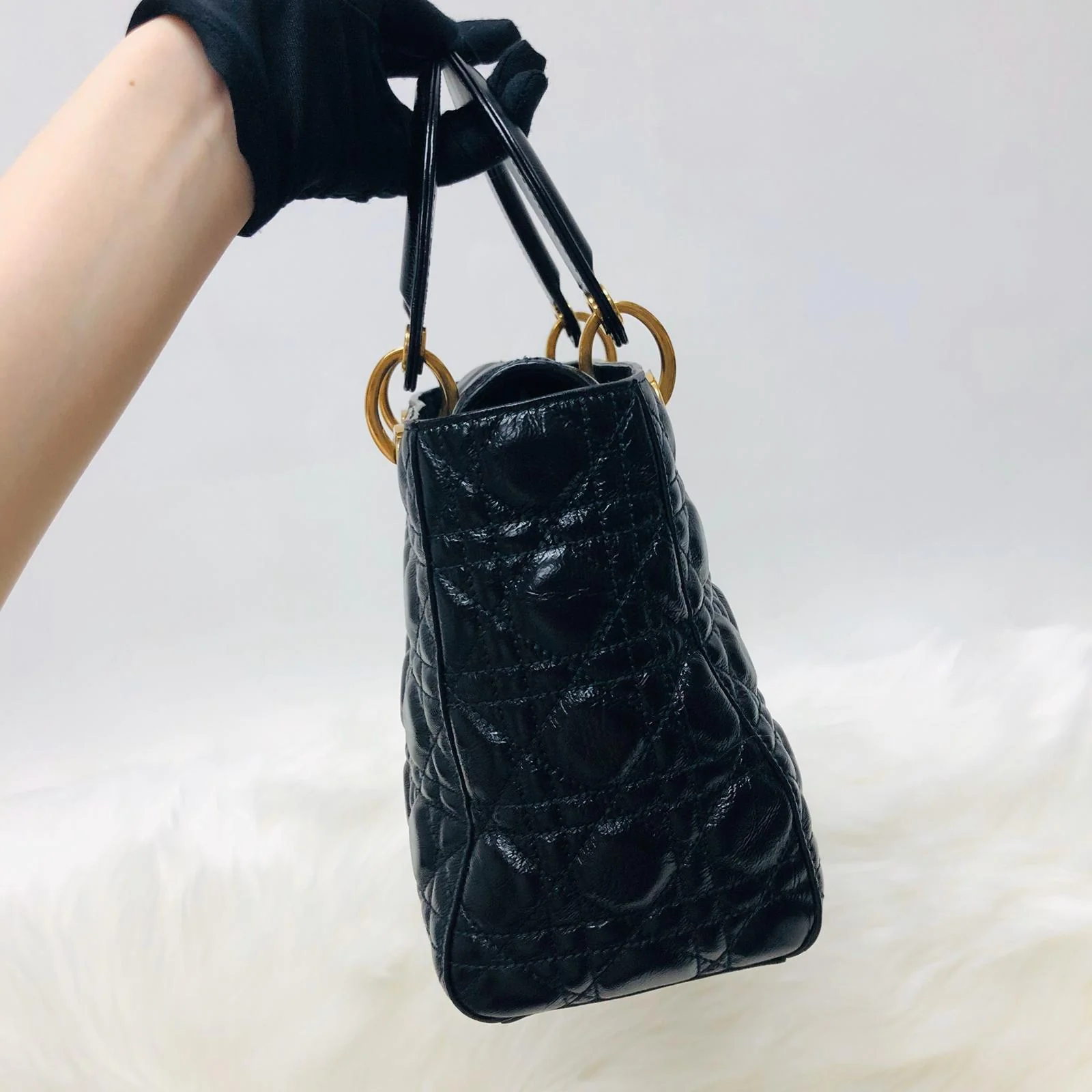 Lady Dior Bag Cannage Lambskin Leather Medium Black with Embellished Strap - Image 4