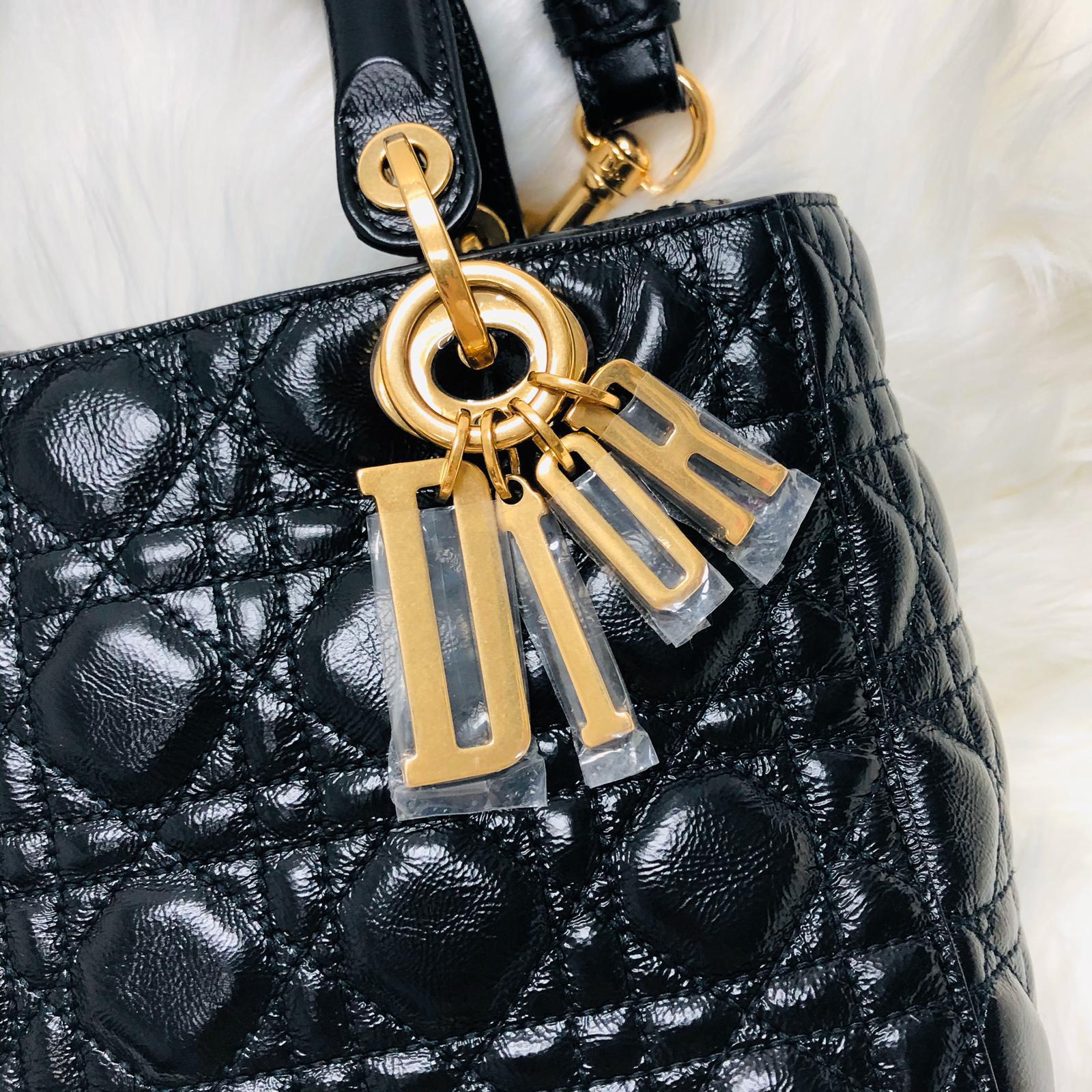 Lady Dior Bag Cannage Lambskin Leather Medium Black with Embellished Strap - Image 6