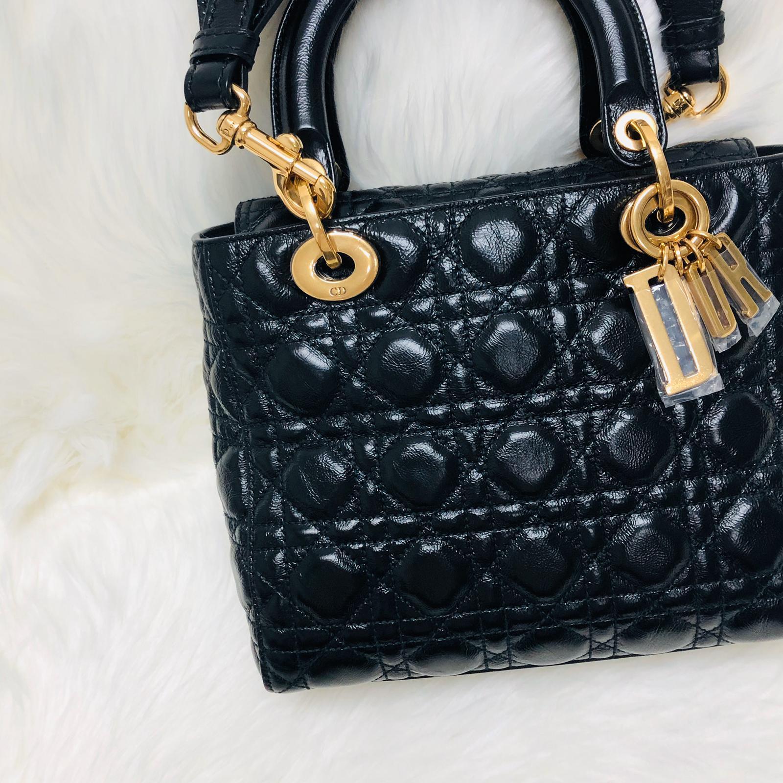 Lady Dior Bag Cannage Lambskin Leather Medium Black with Embellished Strap - Image 7