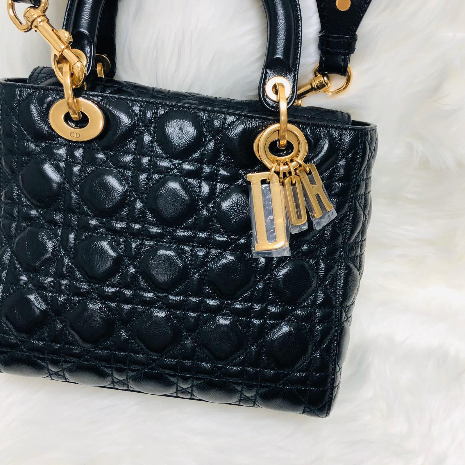 Lady Dior Bag Cannage Lambskin Leather Medium Black with Embellished Strap - Image 8