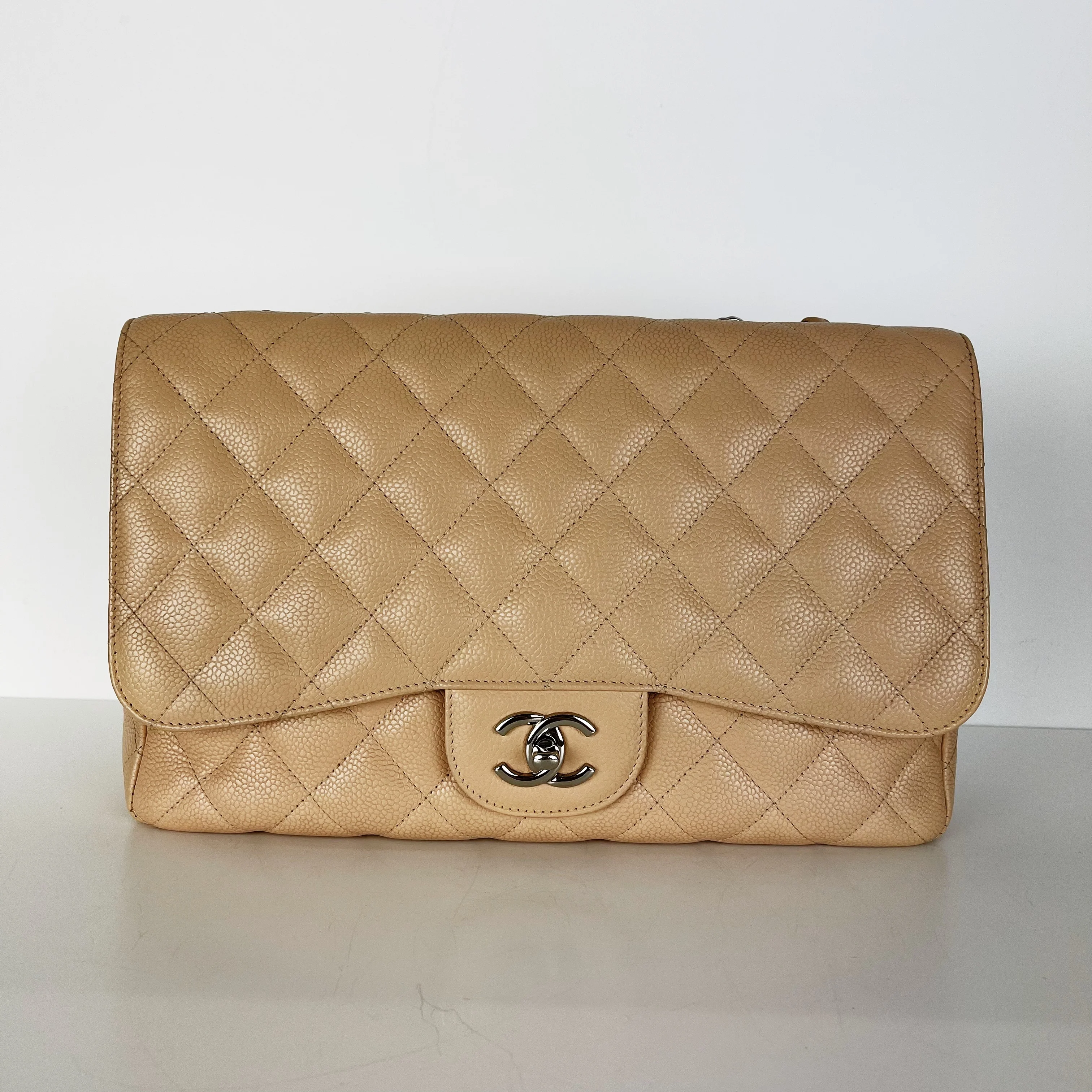 Single Flap Jumbo in Beige Caviar with SHW - Image 4