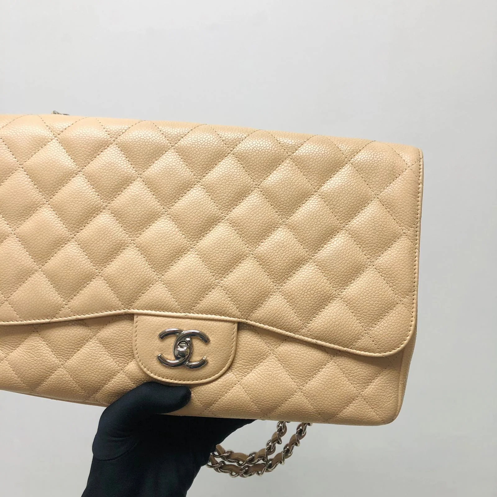 Single Flap Jumbo in Beige Caviar with SHW - Image 6