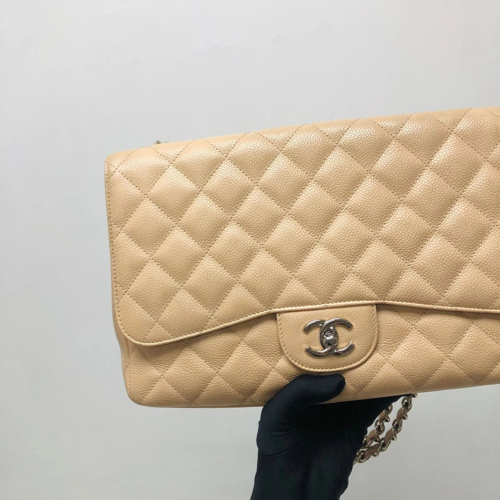 Single Flap Jumbo in Beige Caviar with SHW - Image 7