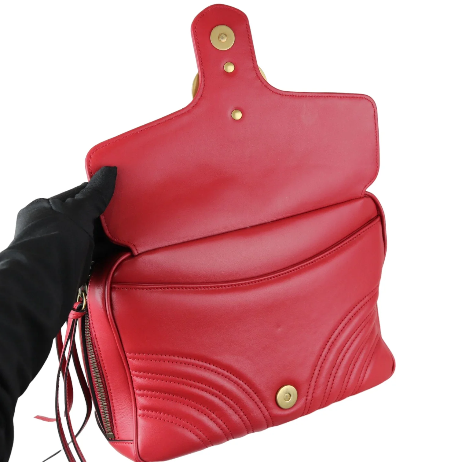 GG Marmont Top Handle Small Shoulder Calfskin Matelasse Red GHW - Image 23