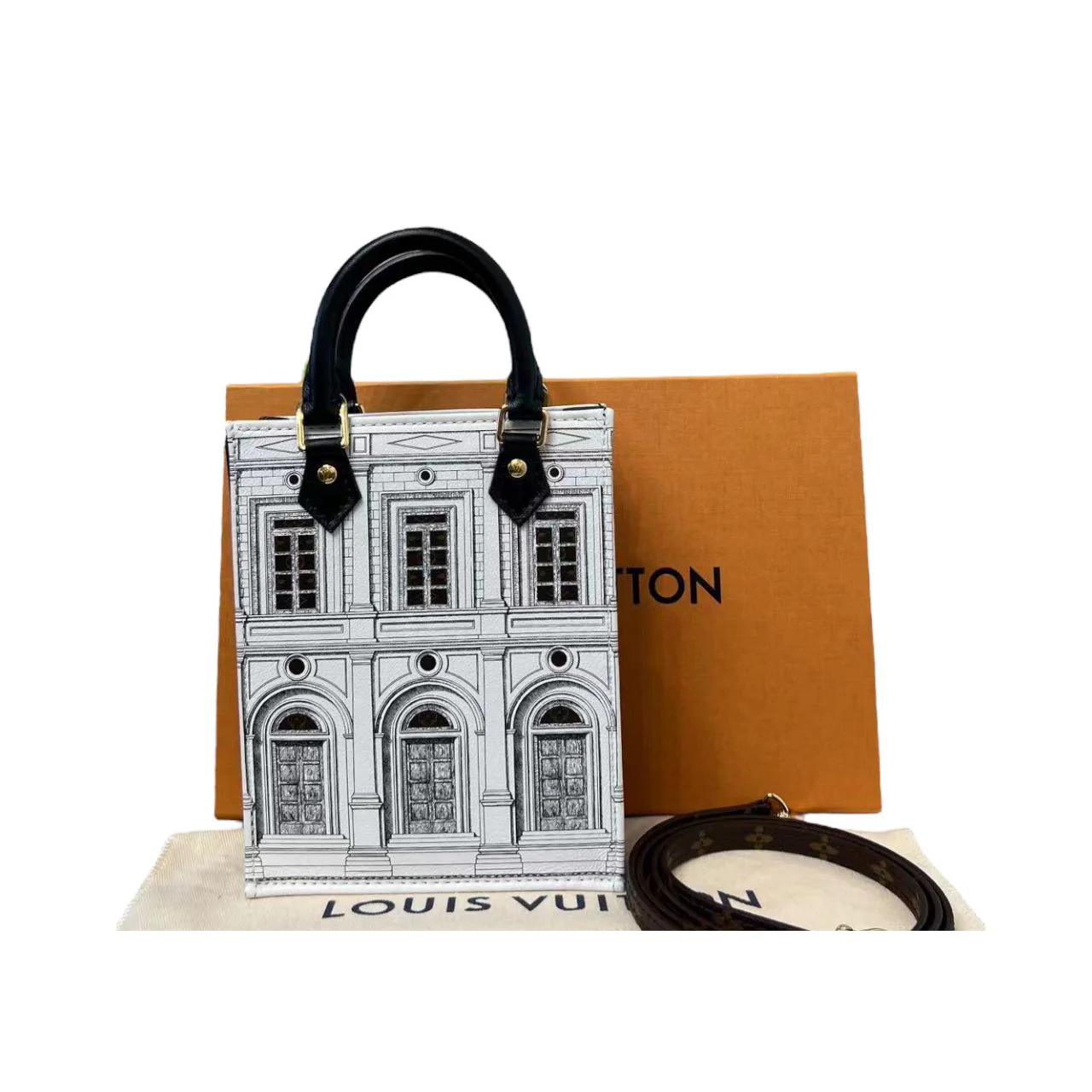 X Fornasetti Architettura Petit Sac Plat Calfskin Black White GHW - Image 2