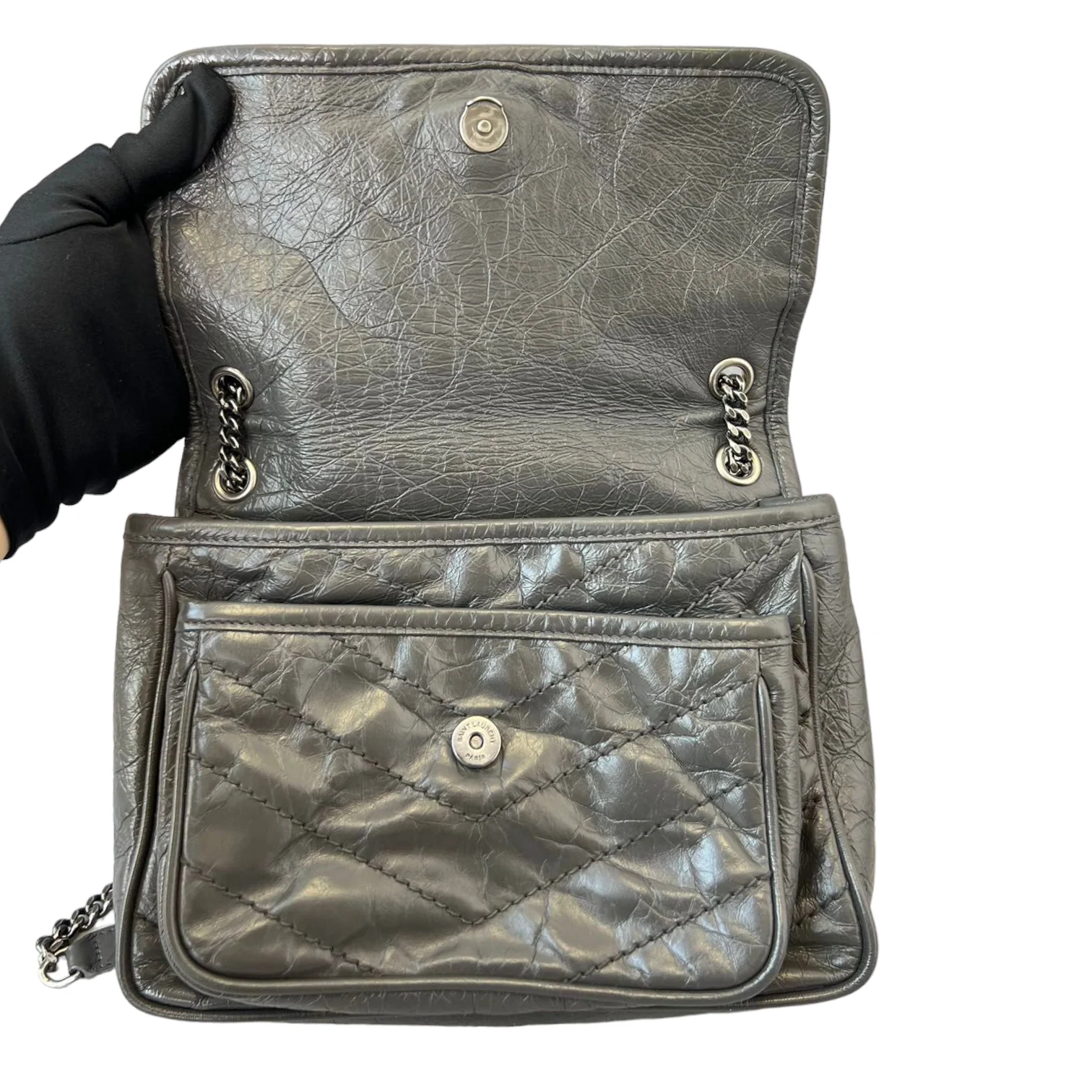 Crinkled Calfskin Medium Niki Chain Satchel Grey RHW - Image 11