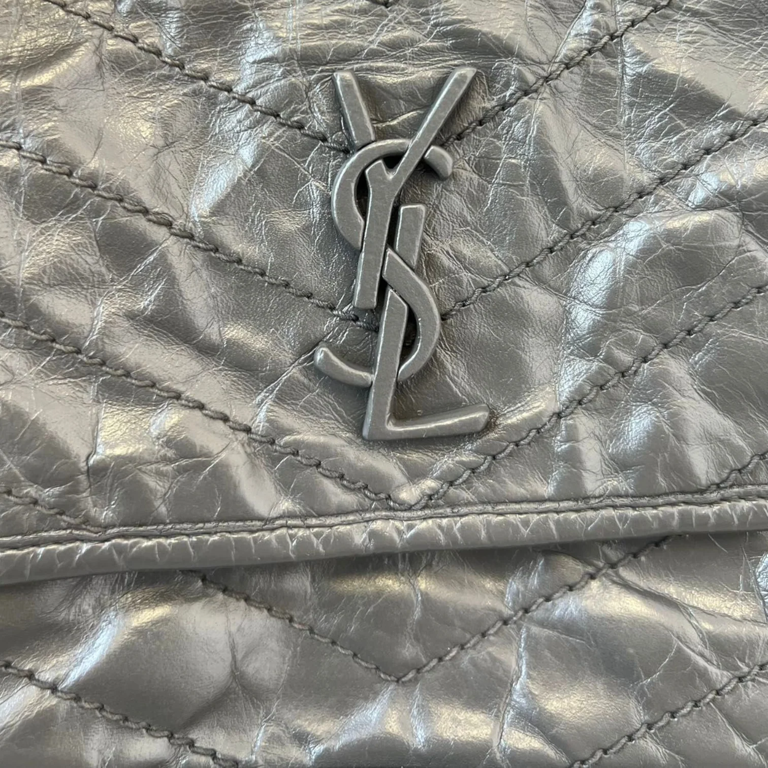 Crinkled Calfskin Medium Niki Chain Satchel Grey RHW - Image 12