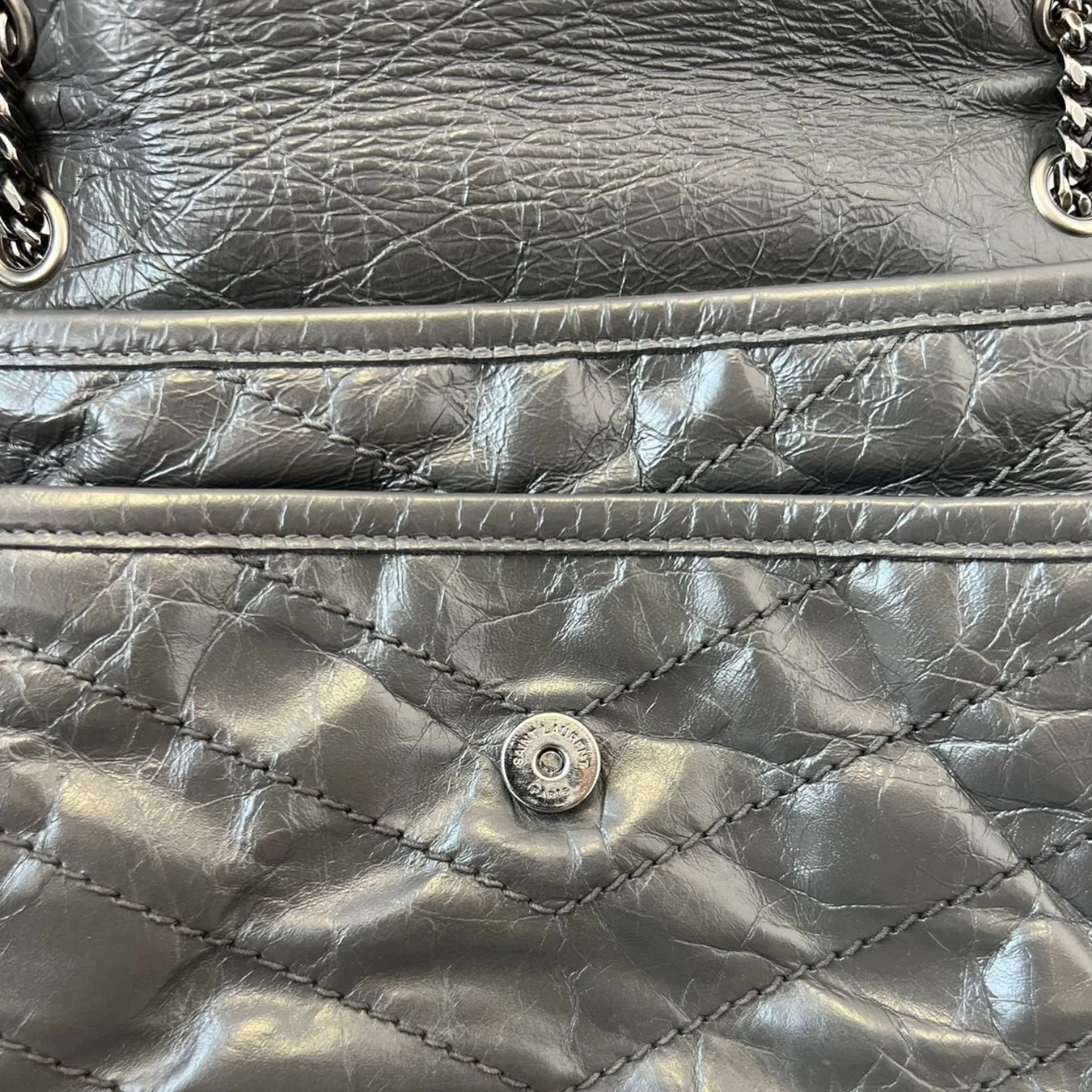 Crinkled Calfskin Medium Niki Chain Satchel Grey RHW - Image 13