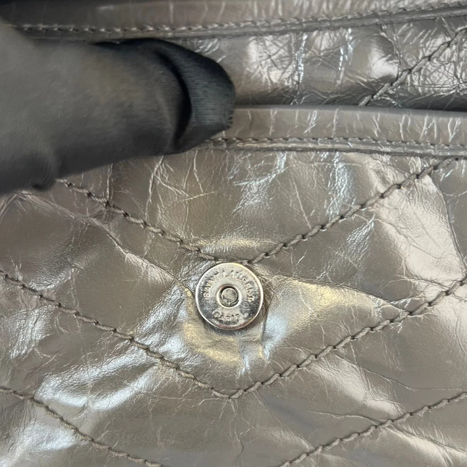 Crinkled Calfskin Medium Niki Chain Satchel Grey RHW - Image 14