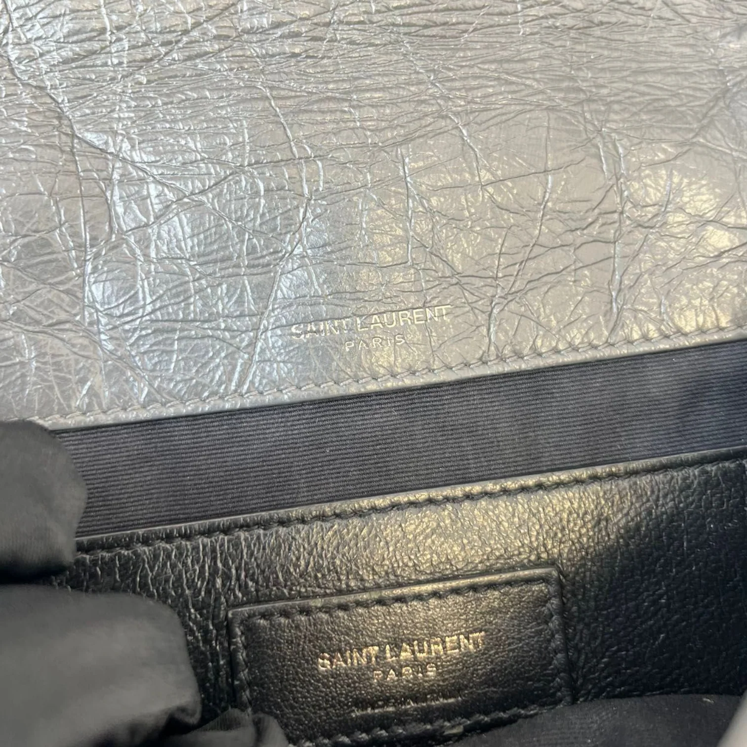 Crinkled Calfskin Medium Niki Chain Satchel Grey RHW - Image 19