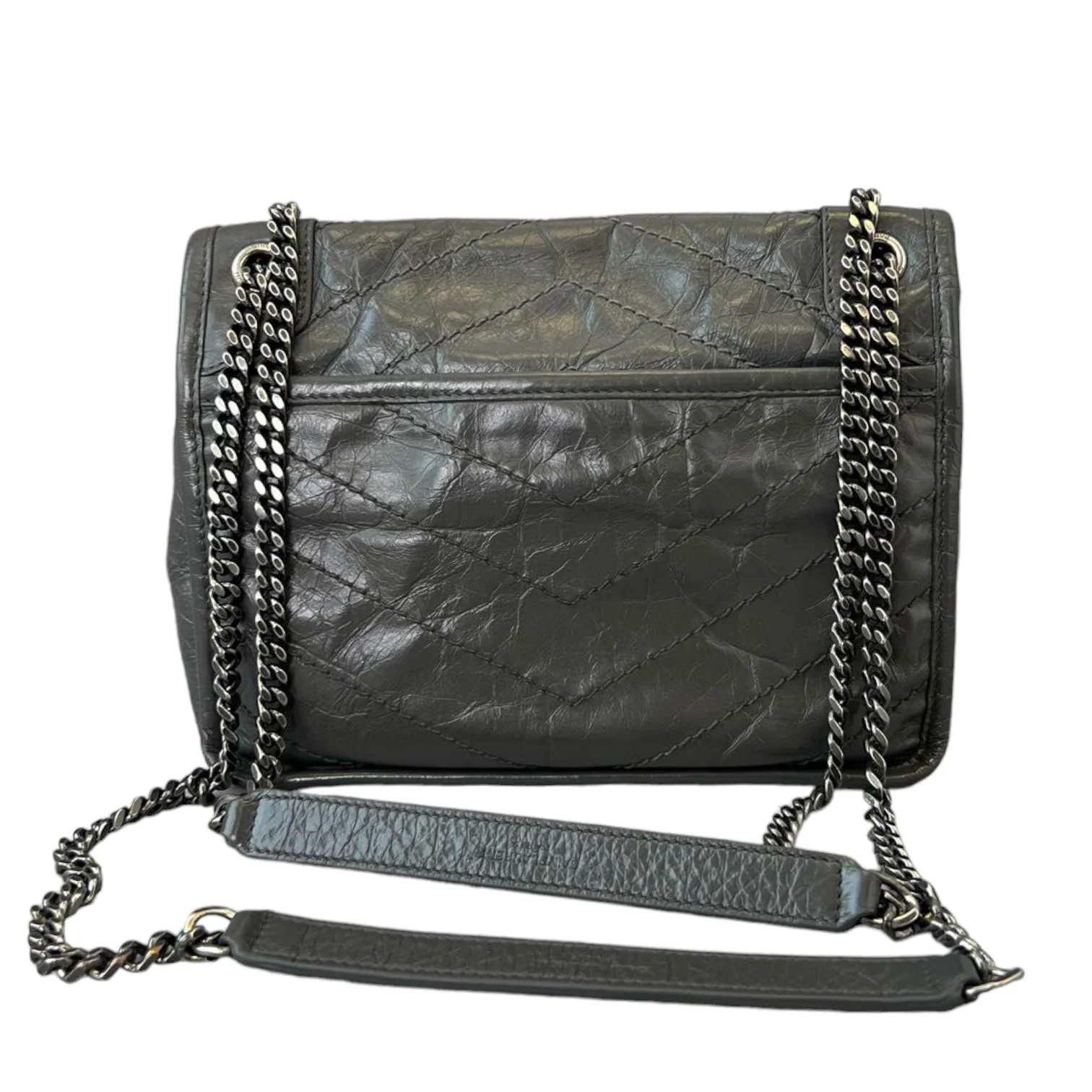 Crinkled Calfskin Medium Niki Chain Satchel Grey RHW - Image 2