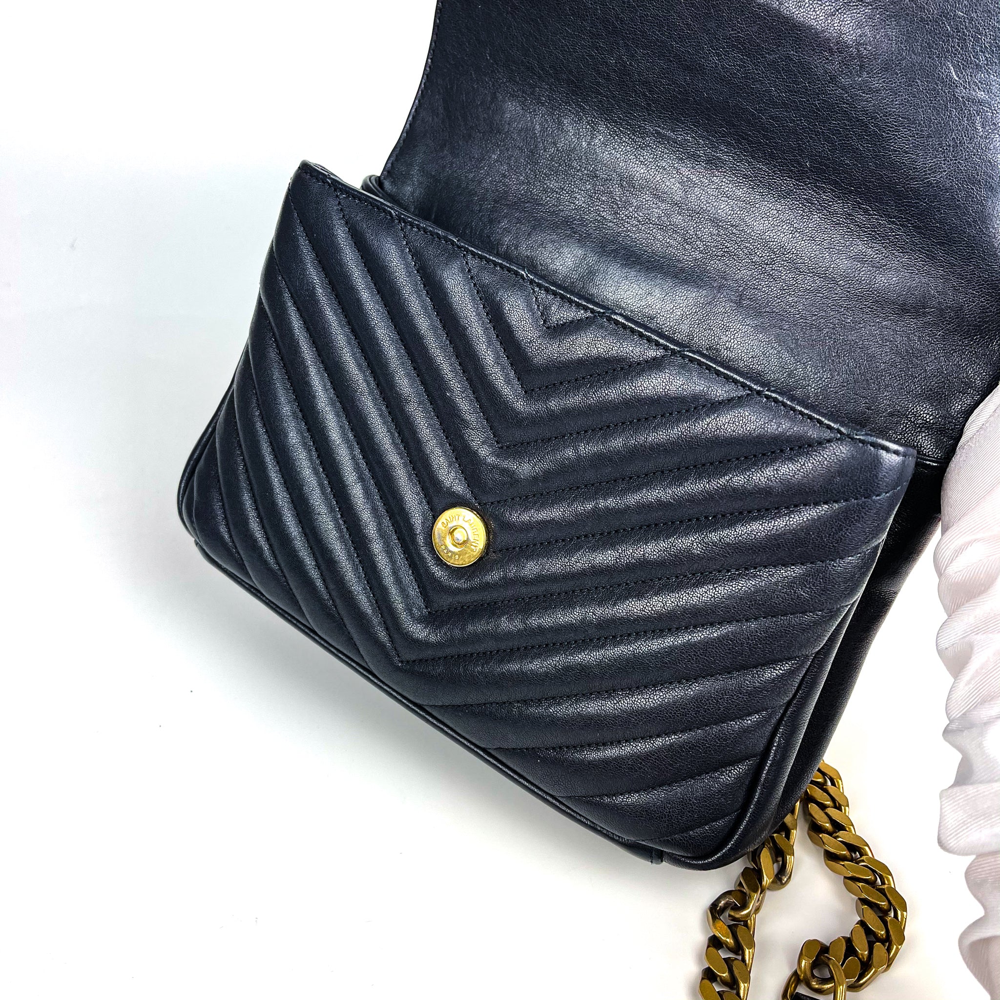 Medium Chevron College Leather Bag Dark Blue - Image 14